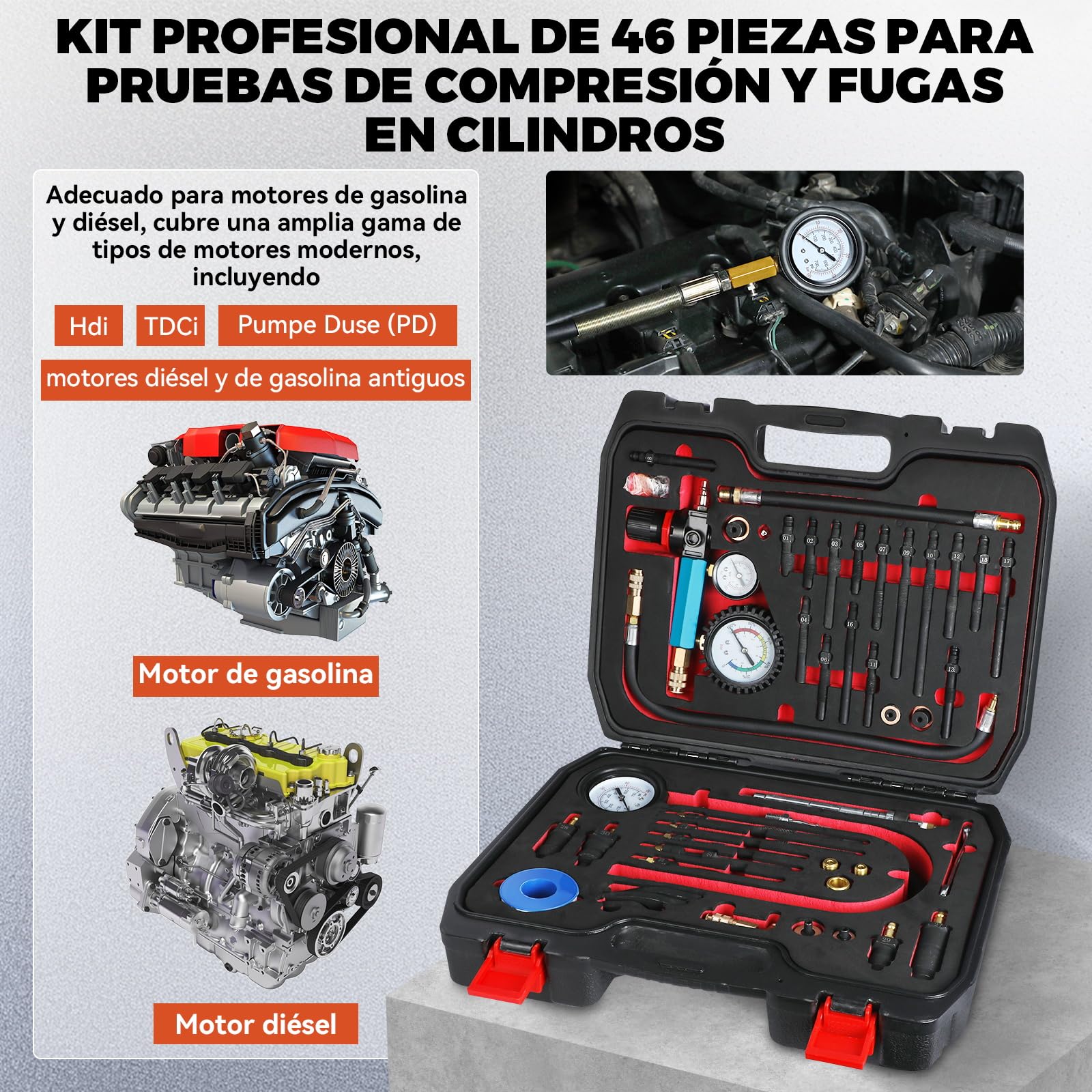 46PCS Comprobador de Compresión y Fugas para Motores de Gasolina y Diésel,Probador de Compresión Automotriz, Medidor de Presión de Fugas de Cilindros para Motores HDi, TDCi y Pumpe Duse