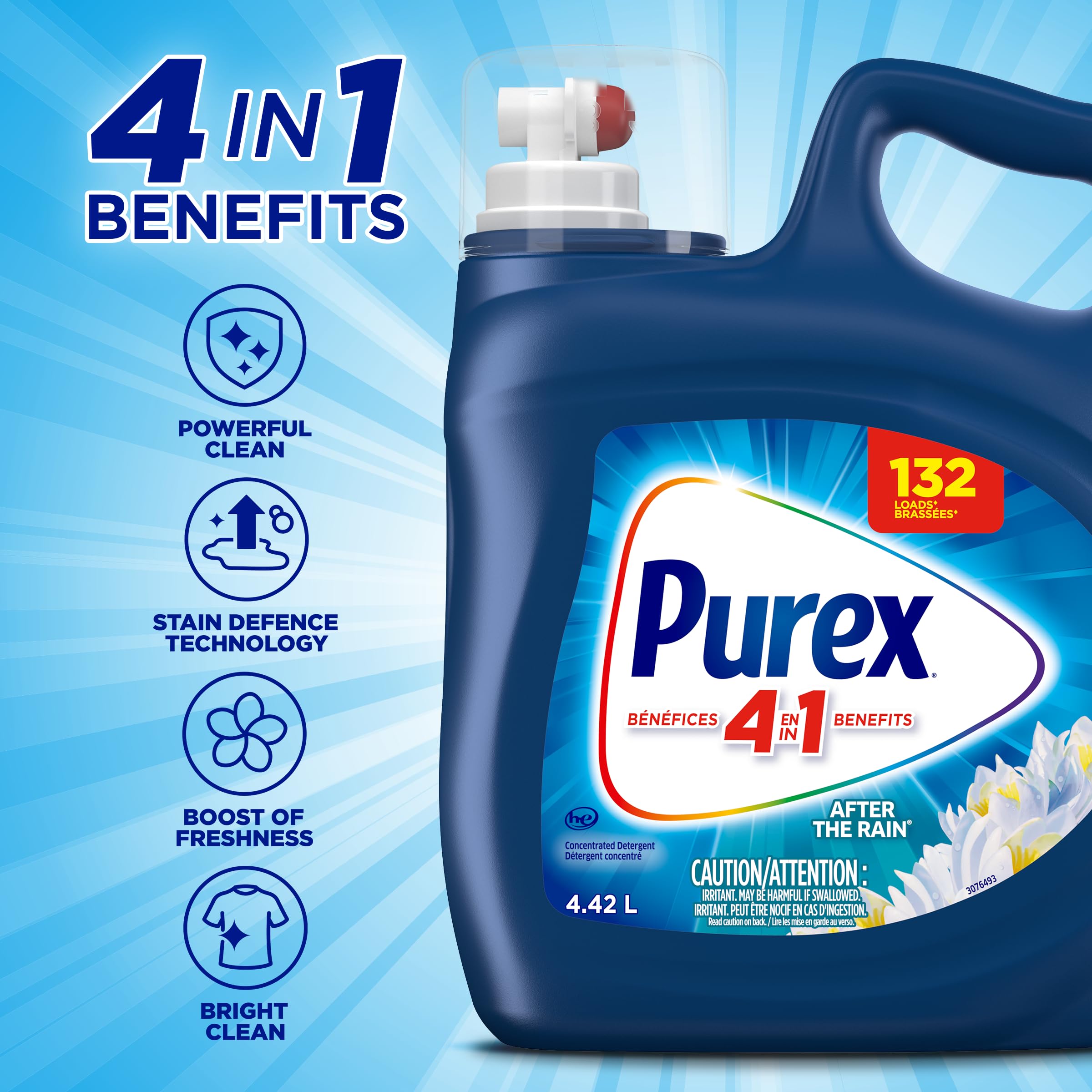 Purex After the Rain, Concentrated Liquid Laundry Detergent with 4in1 benefits, Tough on Stains, Brightens and Whitens Clothes, 4.42L, 132 Wash Loads, HE Compatible - 4