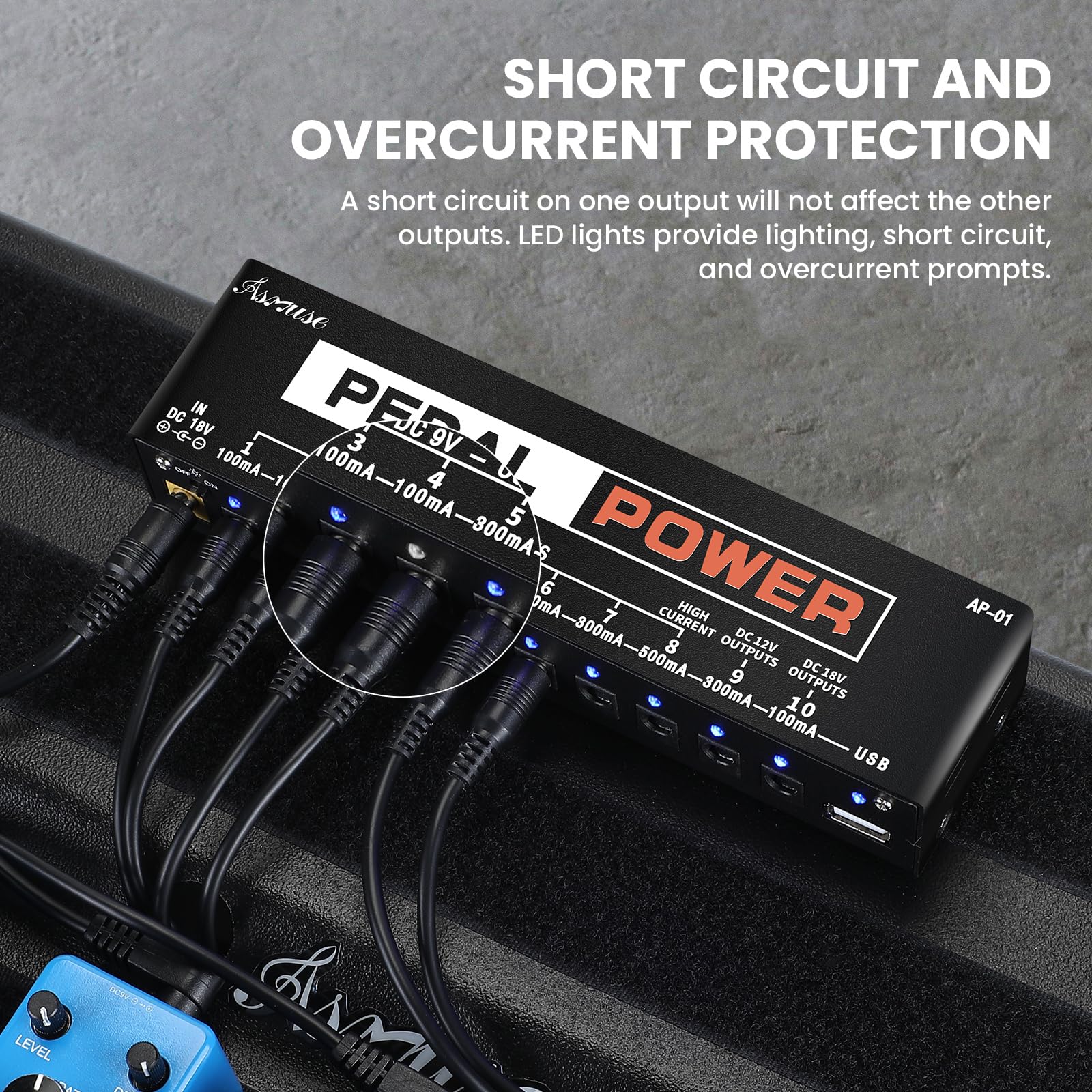 Asmuse Noiseless Guitar Pedal Power Supply 10 Isolated Outputs with Built-in USB Charging Port for 9V 12V 18V Electric Guitar Effect Pedal Musical Instruments
