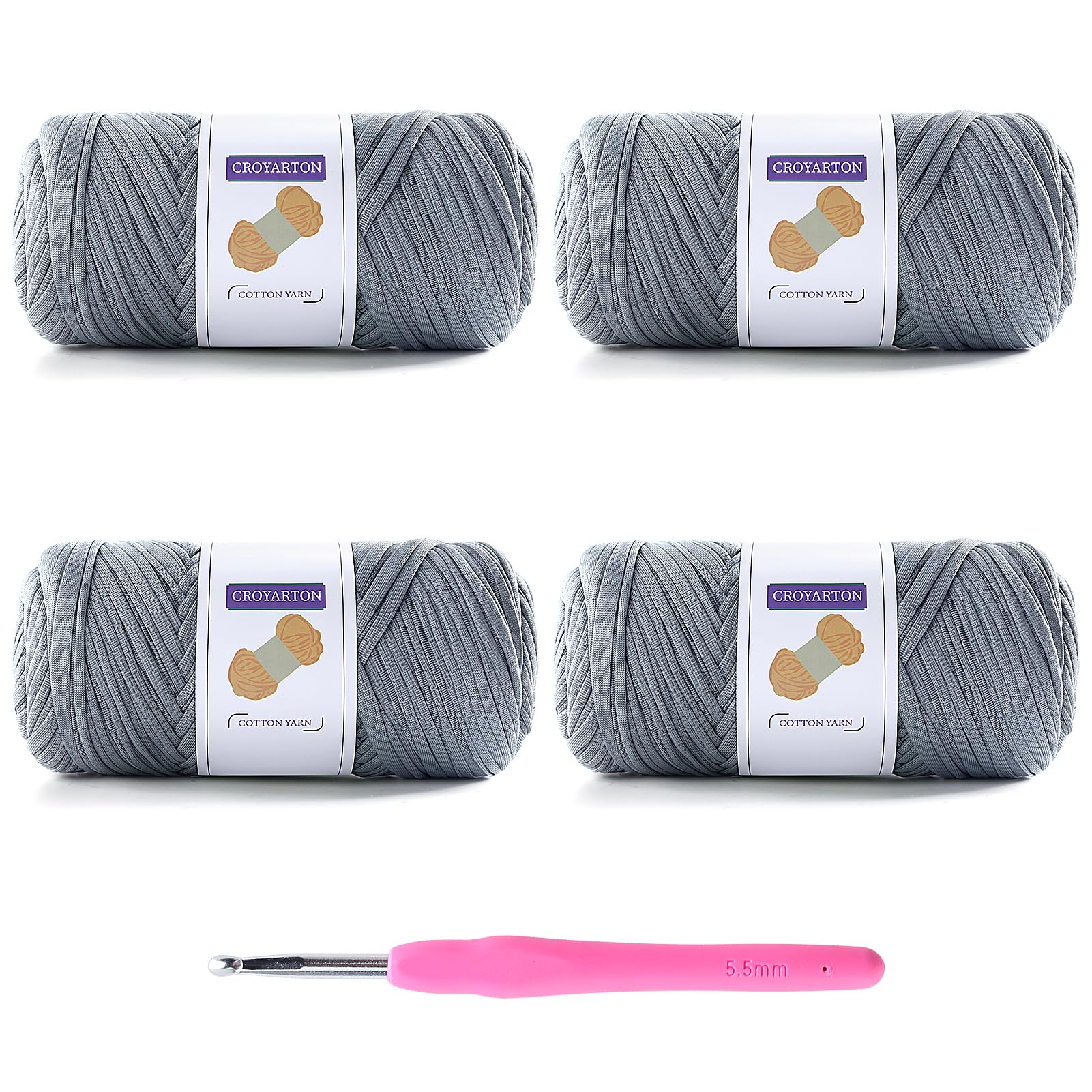 4 Pack Tshirt Yarn for Crocheting, Elastic T Shirt Spaghetti Thick Knitting Yarn Total Length 260 Yds for Crochet Bag Baskets Home Decor with 1 Crochet Hook (4-Light Gray)