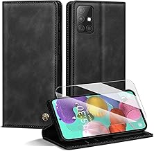 Handyhülle für Samsung Galaxy A51 4G Hülle,Premium Lederhülle für Samsung A51 [Mit 1 Stück Panzer Schutz Glas] Magnet Kartenfach Klapphülle Schutzhülle für Galaxy A51,Schwarz