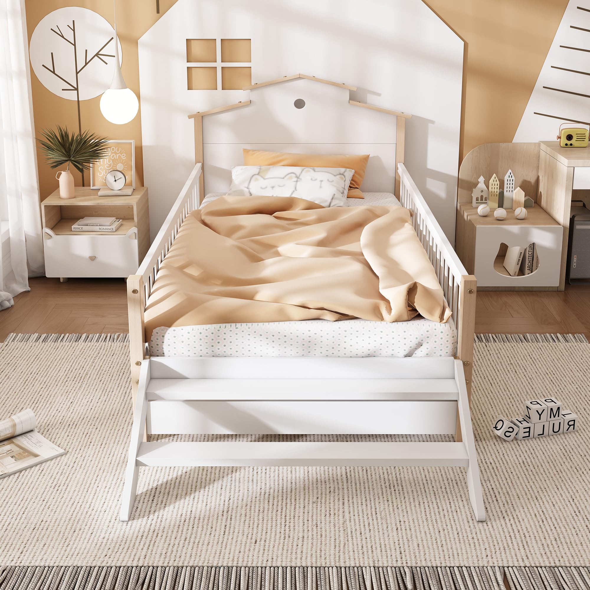 Kayan Cuna, con protección contra caídas y rejilla, con escalera lateral, diseño de techo único, adolescentes y adultos, camas planas, camas de madera, marco de pino+MDF, blanco y natural, 90 x 200 cm
