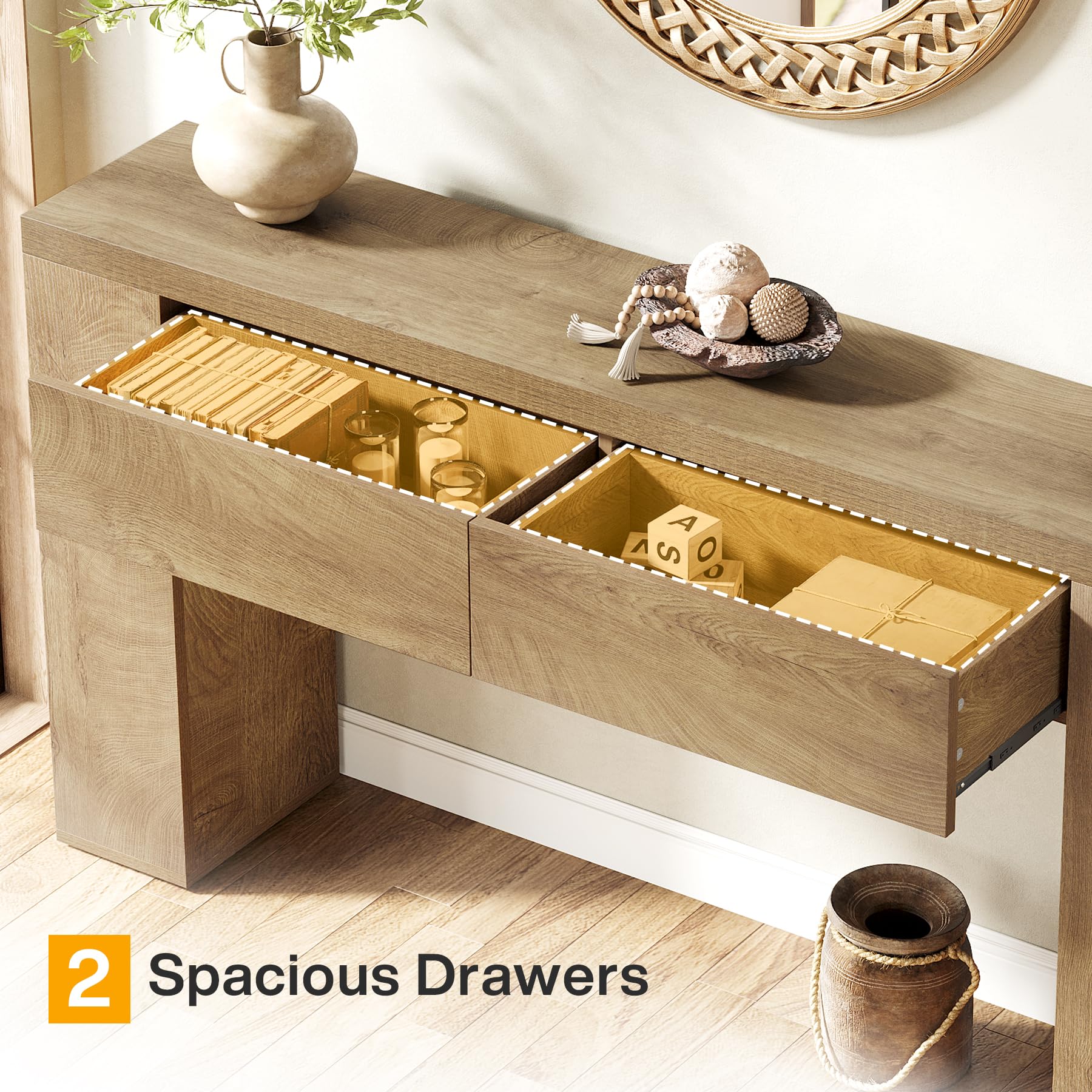 Tribesigns Tavolo consolle da 160 cm con 2 cassetti, tavolino da corridoio sottile con vano portaoggetti, moderno in legno dietro il divano, stile rustico, per corridoio, soggiorno, corridoio