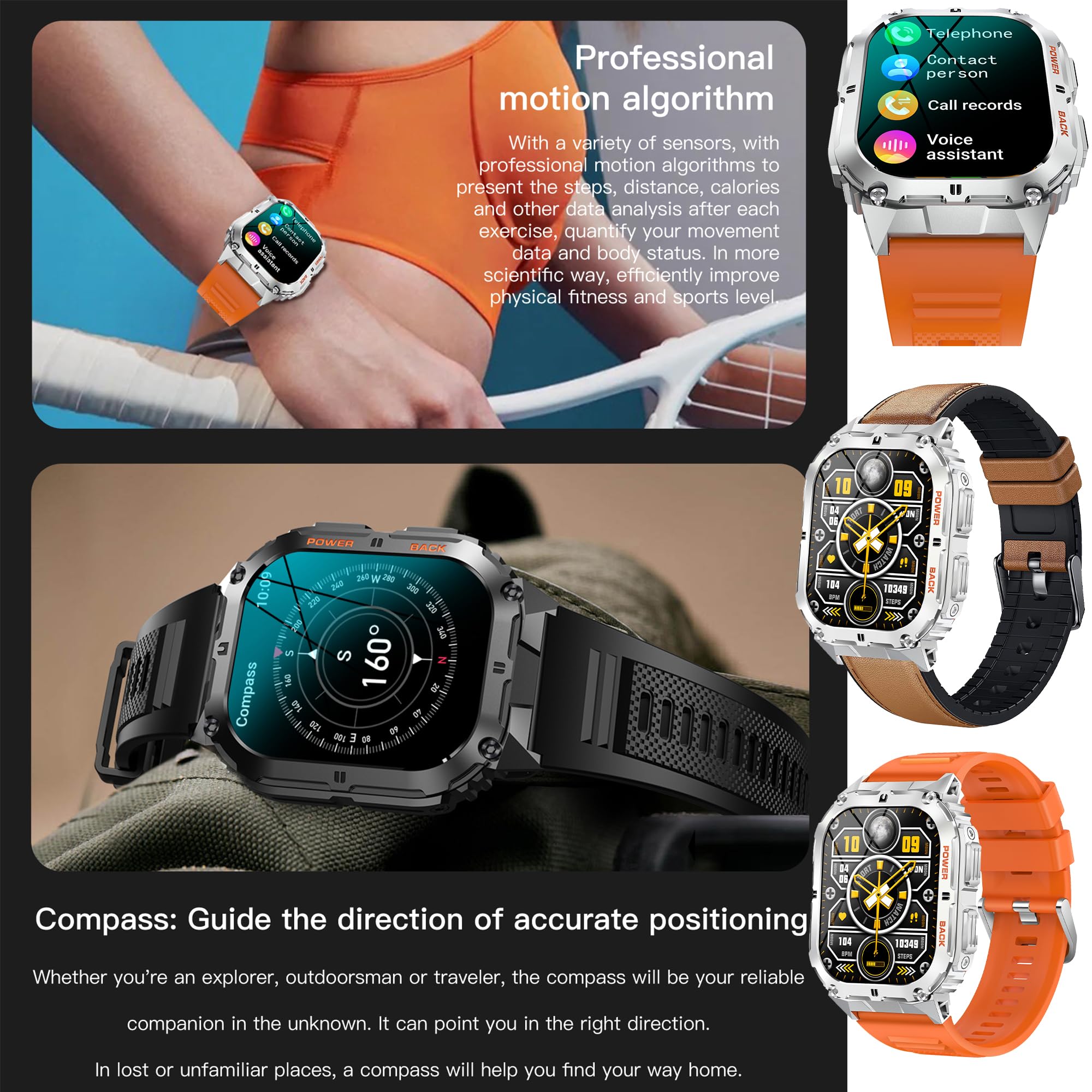 Smartwatch Uomo Chiamate e Risposta Bluetooth, 1,96'' AMOLED Orologio Fitness Sportivo Activity Fitness Tracker, Cardiofrequenzimetro, Sonno, Notifiche Messaggi, Smart Watch per Android/iOS (Argento)