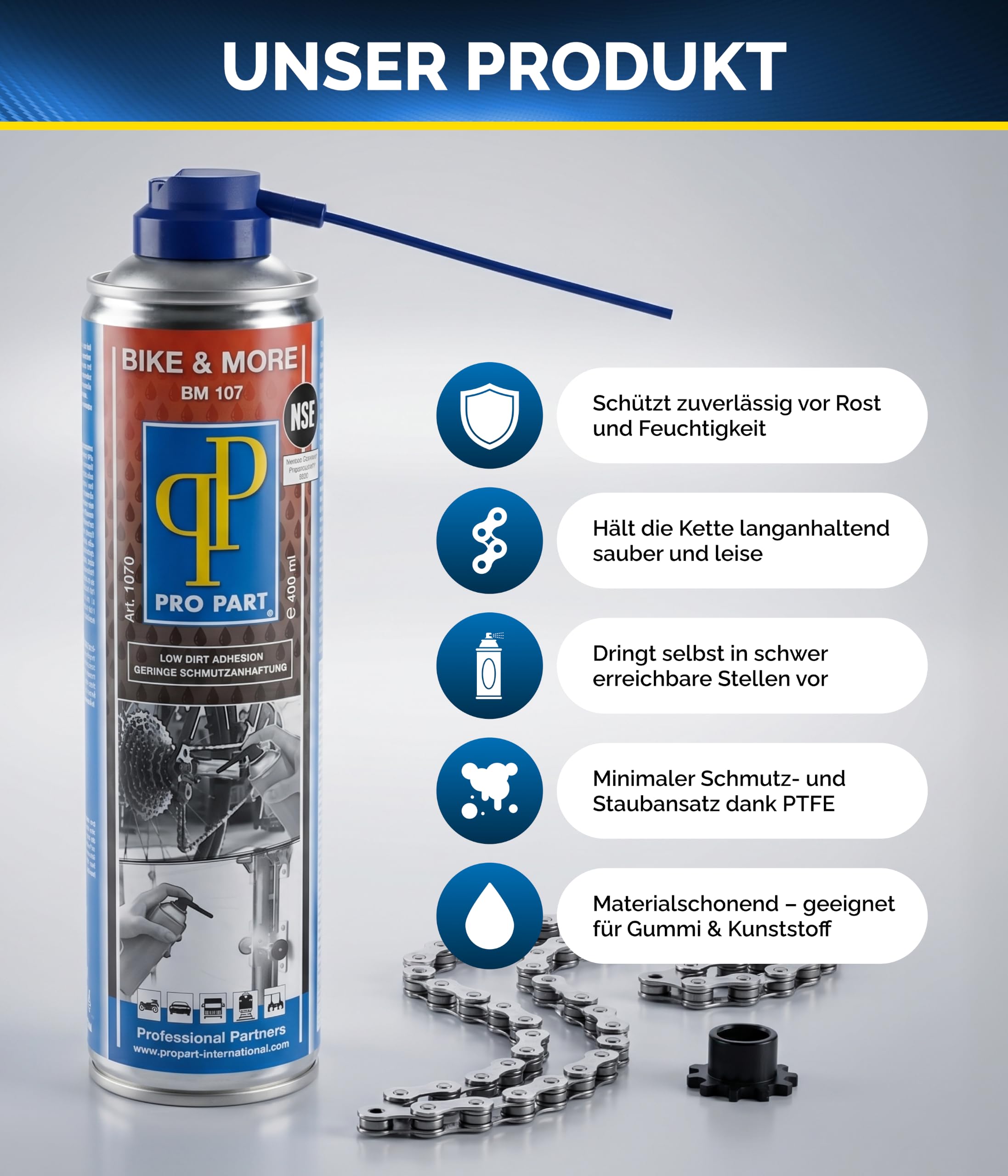 Pro Part® Bike & More BM 107 PTFE Schmierspray 3 x 400 ml – silikonfrei & lösungsmittelfrei – verdrängt Feuchtigkeit, geringe Schmutzanhaftung – Für Fahrradkette, Türschloss, Laufband – PTFE Spray