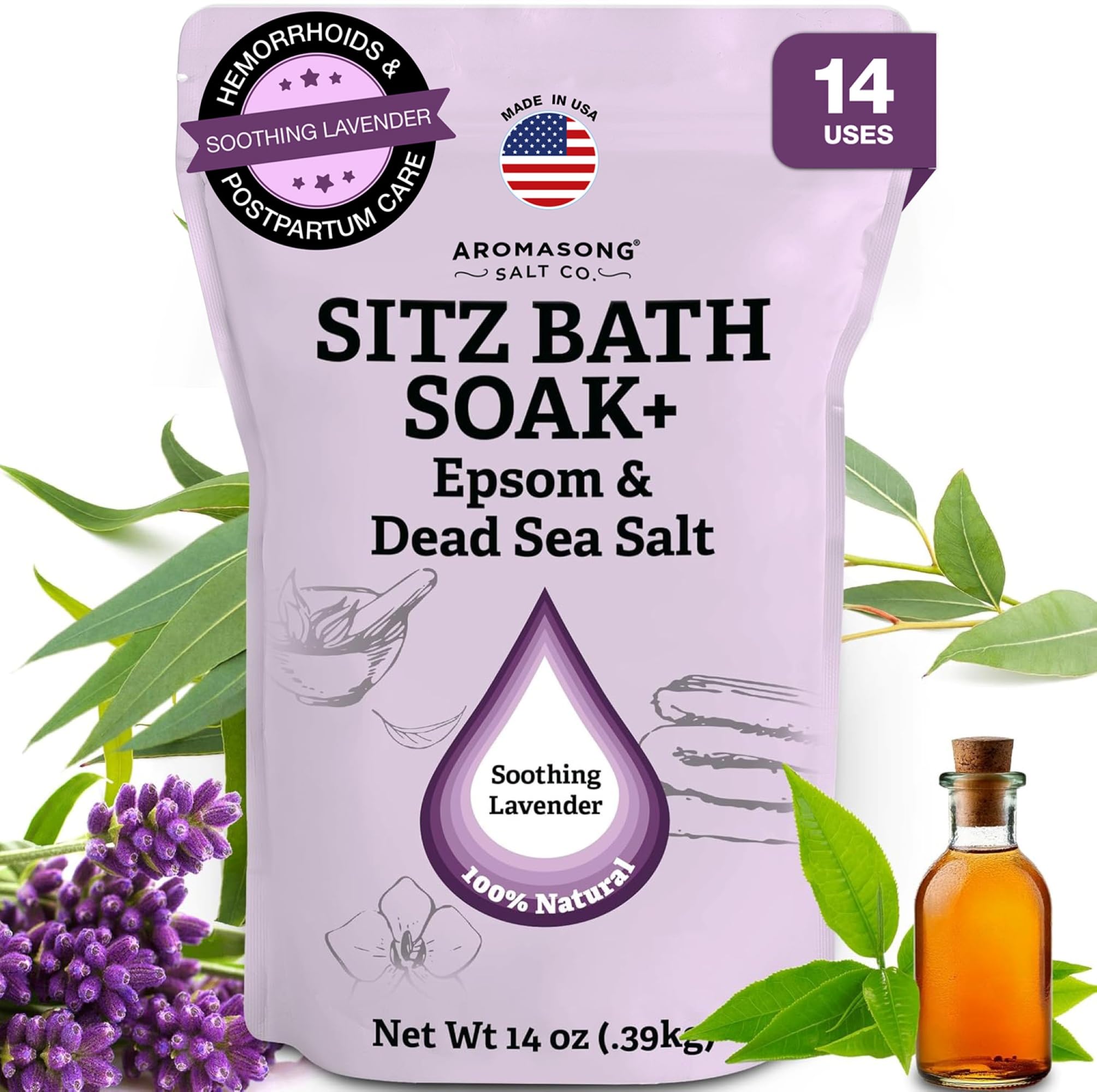 Aromasong Sitz Bath Postpartum Soak - Made in The USA with Dead Sea Salt & Epsom Salts - Soothing and Calming Ingredients Including Lavender, Chamomile Flower, and Eucalyptus Oil