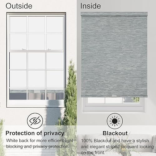 Miniatura 7 de Boolegon Persianas enrollables opacas sin cordones de jacquard a rayas, estilo de lujo, con cenefa de casete, con aislamiento térmico, persianas