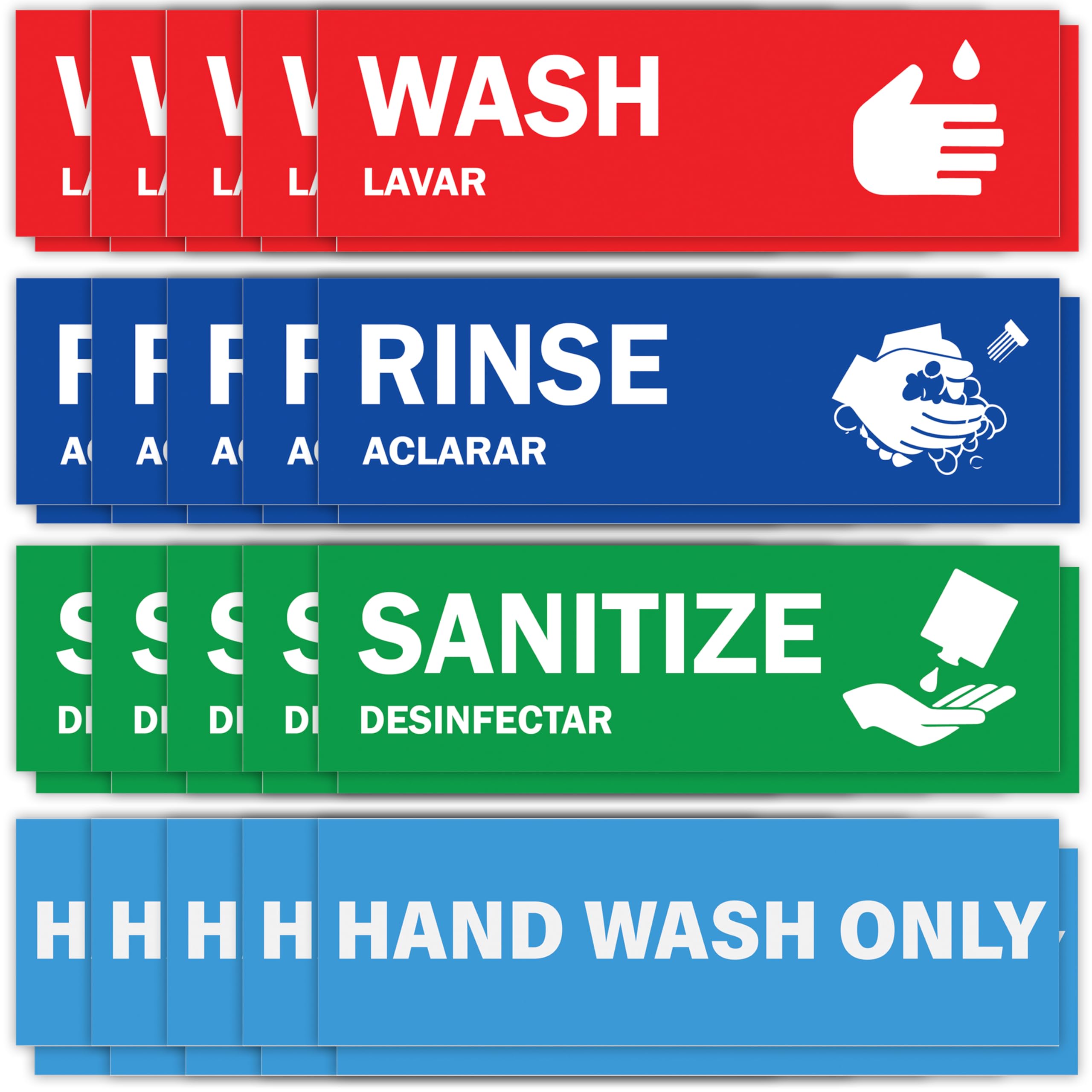 Wash Rinse Sanitize Sink Labels - 10 Pack - 2.75" x 9" - Also Includes Hand Wash Only Sign - Ideal Handwashing Signs for 3 Compartment Sink - Perfect