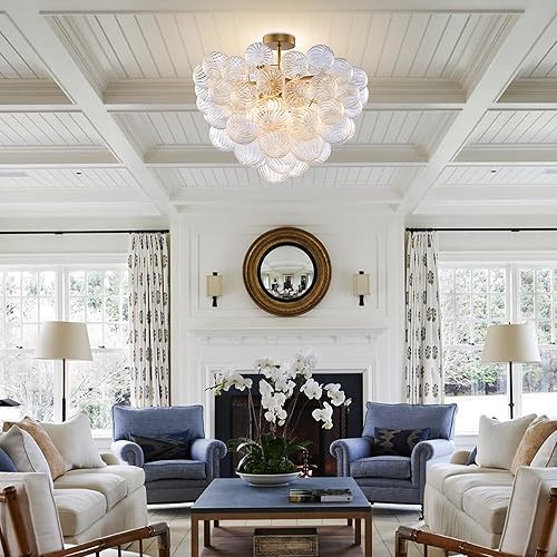 Miniatura 5 de Lámpara de techo semiempotrada con burbujas, diámetro de 20 pulgadas, vidrio soplado dorado y transparente, pequeña lámpara de vidrio remolinado,