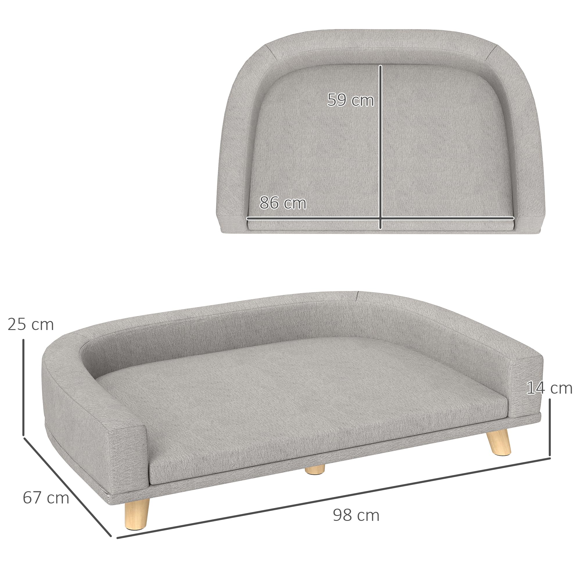 PawHut Divano per Cani di Taglia Grande con Gambe Rialzate e Cuscino Sfoderabile, Divanetto per Cani in Poliestere e Legno, 98x67x25 cm, Grigio