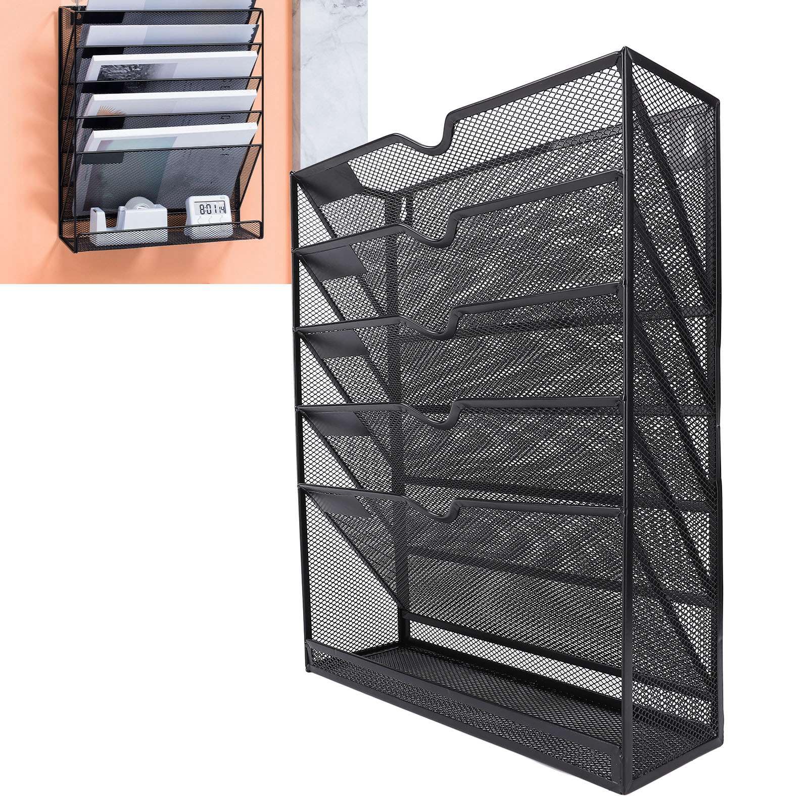 Organizator plików ściennych |6-poziomowy metalowy uchwyt do zawieszania na dokumenty / teczki / czasopisma |Oszczędzająca miejsce szafka na dokumenty montowana na ścianie z 5