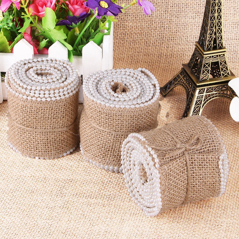 Ozxchixu White Roll Of 5M Wedding Home Craft Hessian Burlap Ribbon Faux Pearl Beaded 5Cm (5M)