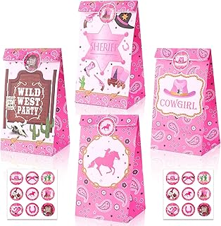 12 Pcs Cowgirl Party Favor Bags Rodeo Theme Paper Goodie Gift Bags Cowgirl Birthday Decorations Western Theme Candy Bags Girls Treat Bags Goody Bags Supplies with 18 Pcs Round Stickers, Pink
