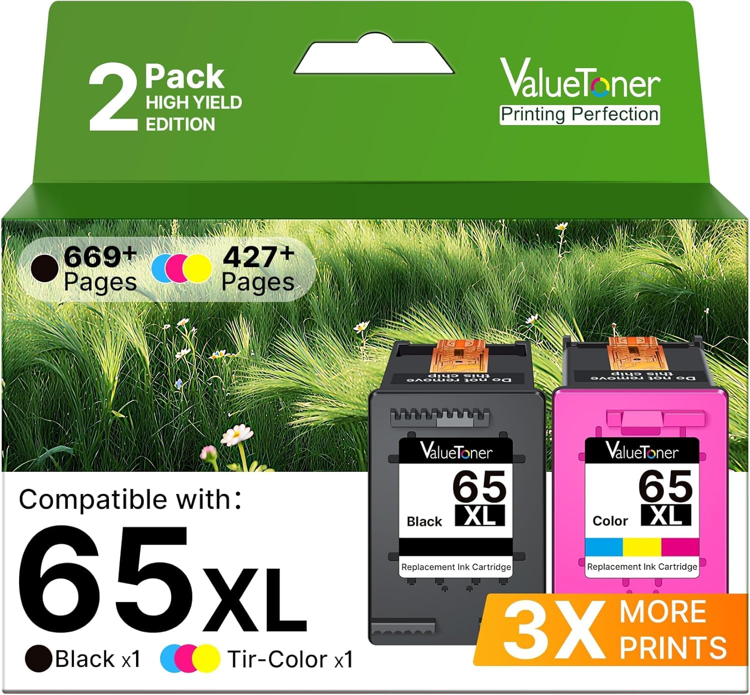 Valuetoner Remanufactured Ink Cartridges Replacement for HP 65XL Ink Cartridge Combo Pack 65 XL for Envy 5055 5052 5058 DeskJet 3755 2655 3720 3722 3723 3752 3758 2652 2624 (1 Black, 1 Color)