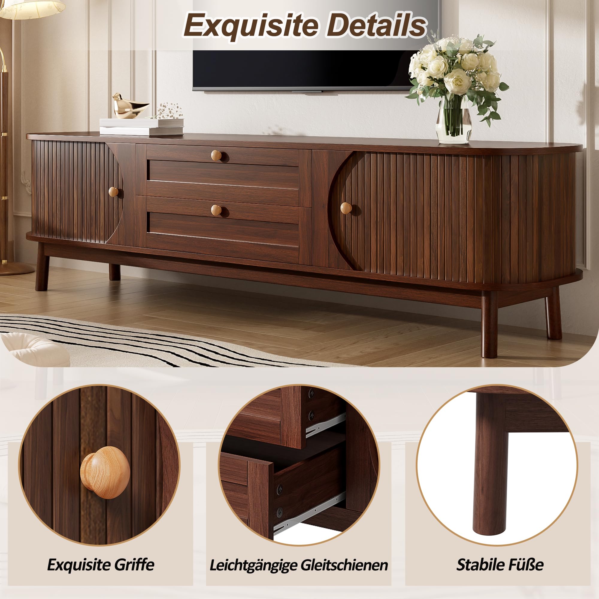 Mueble de TV moderno de nogal con aspecto de madera con cajones y compartimentos de almacenamiento, esquinas redondeadas, patas de madera sólidas, armario de TV con espacio de almacenamiento