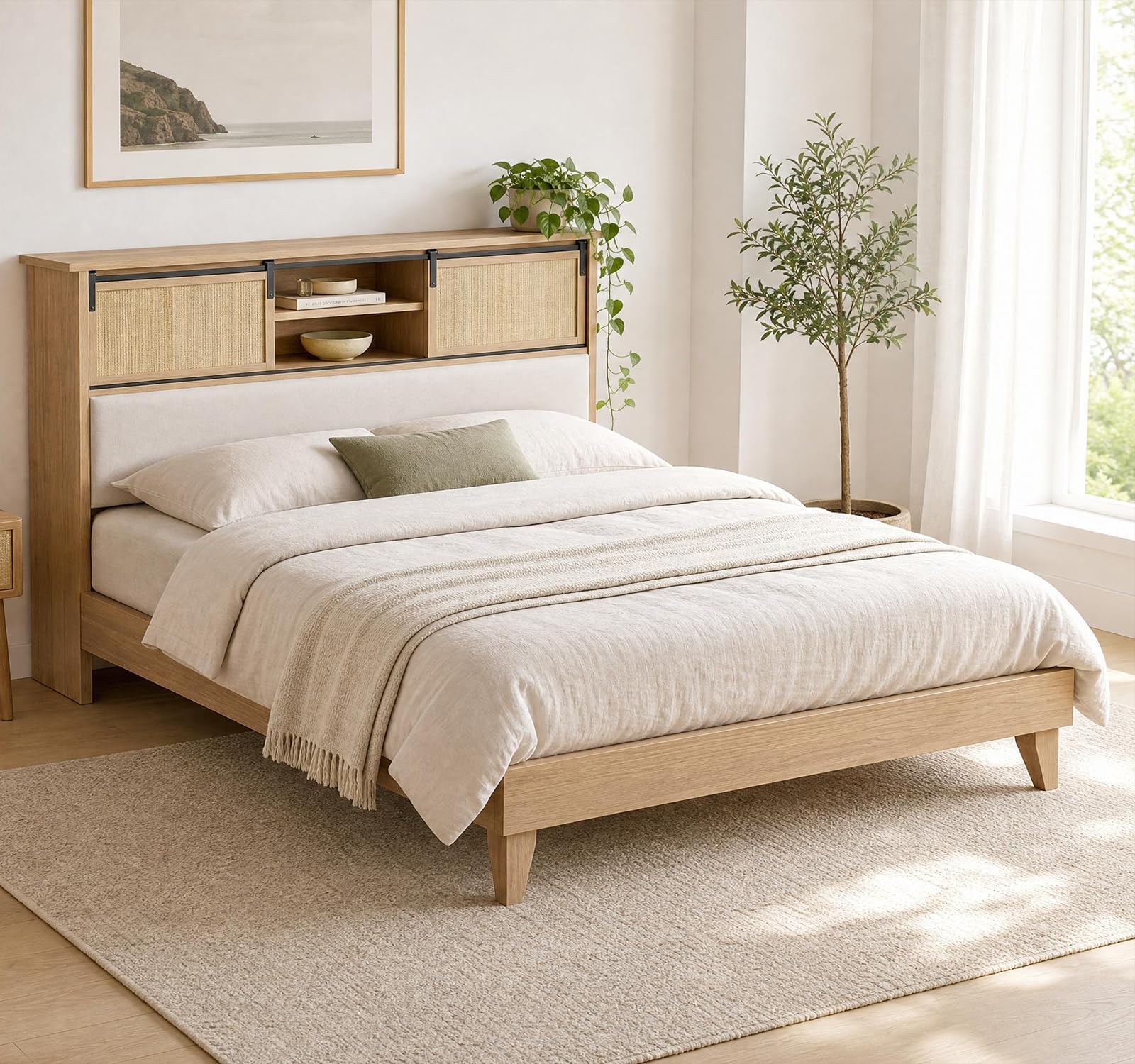 Photo 1 of GarveeHome King Size Solid Wood Bed Frame with Storage Headboard, Rattan Upholstered Bookcase Headboard with Sliding Doors & Charging Station, No Bos Spring Needed