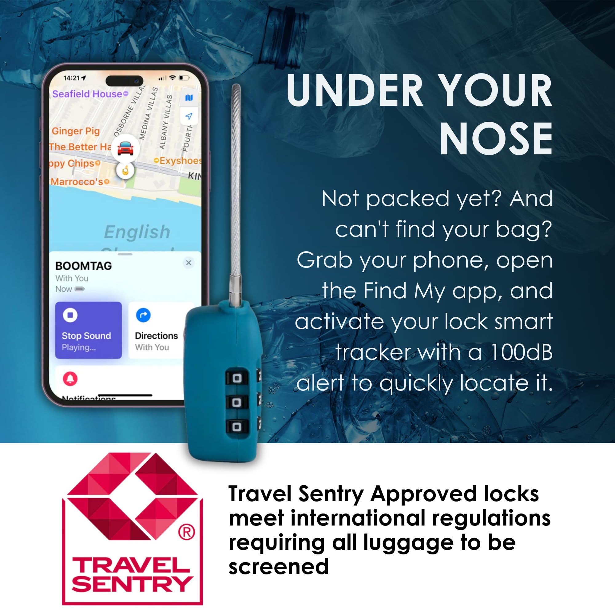 Boompods Cadenas Valise avec Fonction de Localisation - Cadenas Connectée avec Traceur Compatible avec Apple Find My App, Verrou Intelligent TSA pour Valise et Bagages, Batterie Rechargeable - Blanc