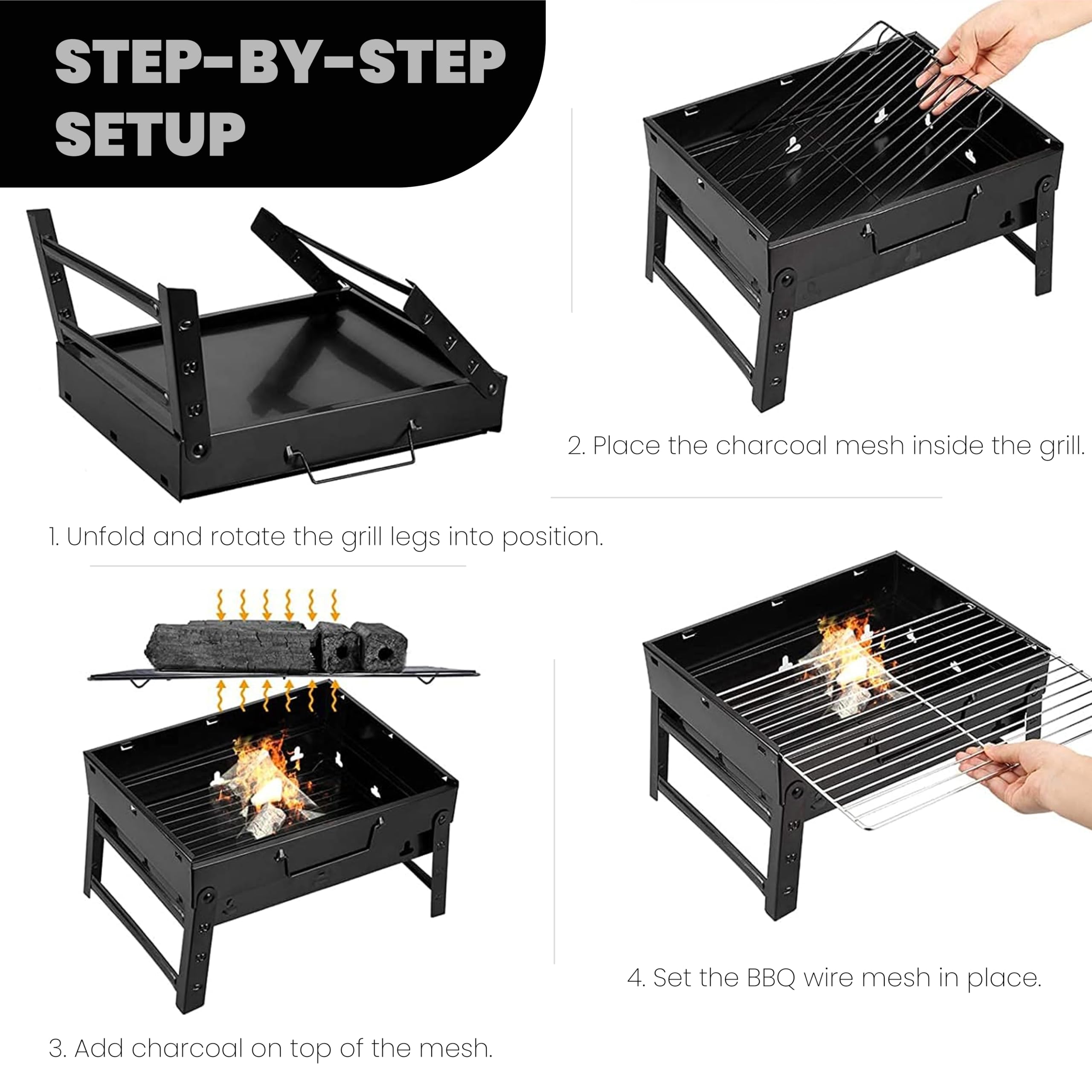 ORILEY Portable Charcoal Heavy Duty Barbeque Grill | 12 Sticks | 1 Air Blower | 1 Spatula & 1 Oil Brush Standing Foldable BBQ Tools for Home Outdoor Camping Picnic Travel Cooking (Set of 1, Black) - Image 4 thumbnail
