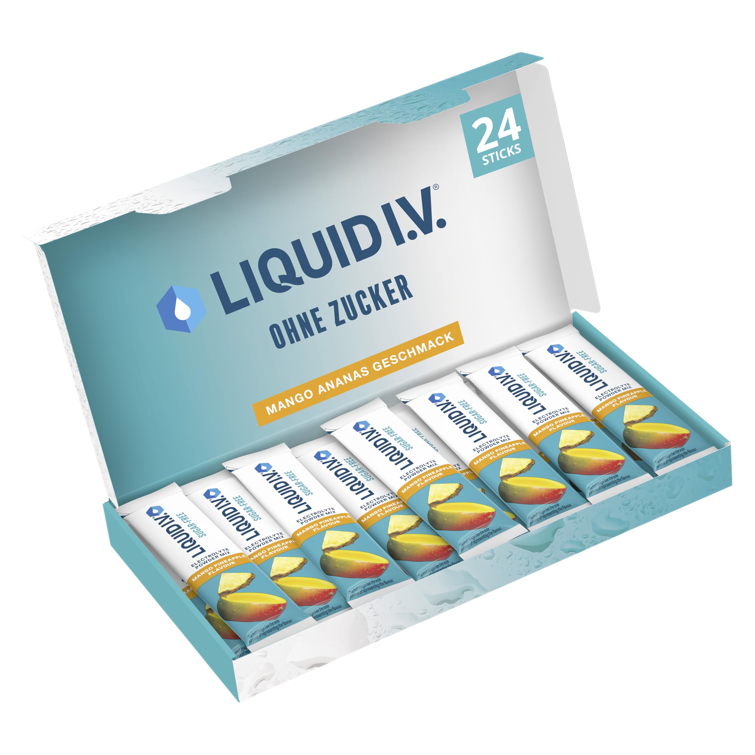 Liquid I.V. Sugar Free Elektrolytpulver-Mischung ohne Zucker, Mango-Ananas-Geschmack, Für eine schnelle Flüssigkeitszufuhr und Energie, Mit 8 Vitaminen und Mineralstoffen, 24 Sticks