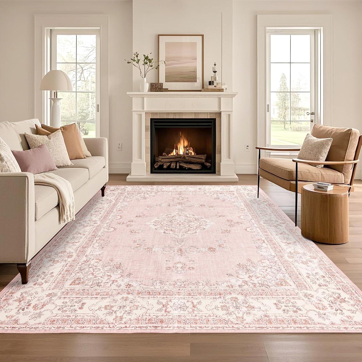 8x10 Area Rugs Washable: Oriental Soft Area Rug for Living Room Bedroom No Shedding - Low Pile Thin Carpet Rug for Dining Room Non Slip - Boho Vintage Rug for Home Decor - Soft Pink Soft Pink 8' x 10' (Rectangular)