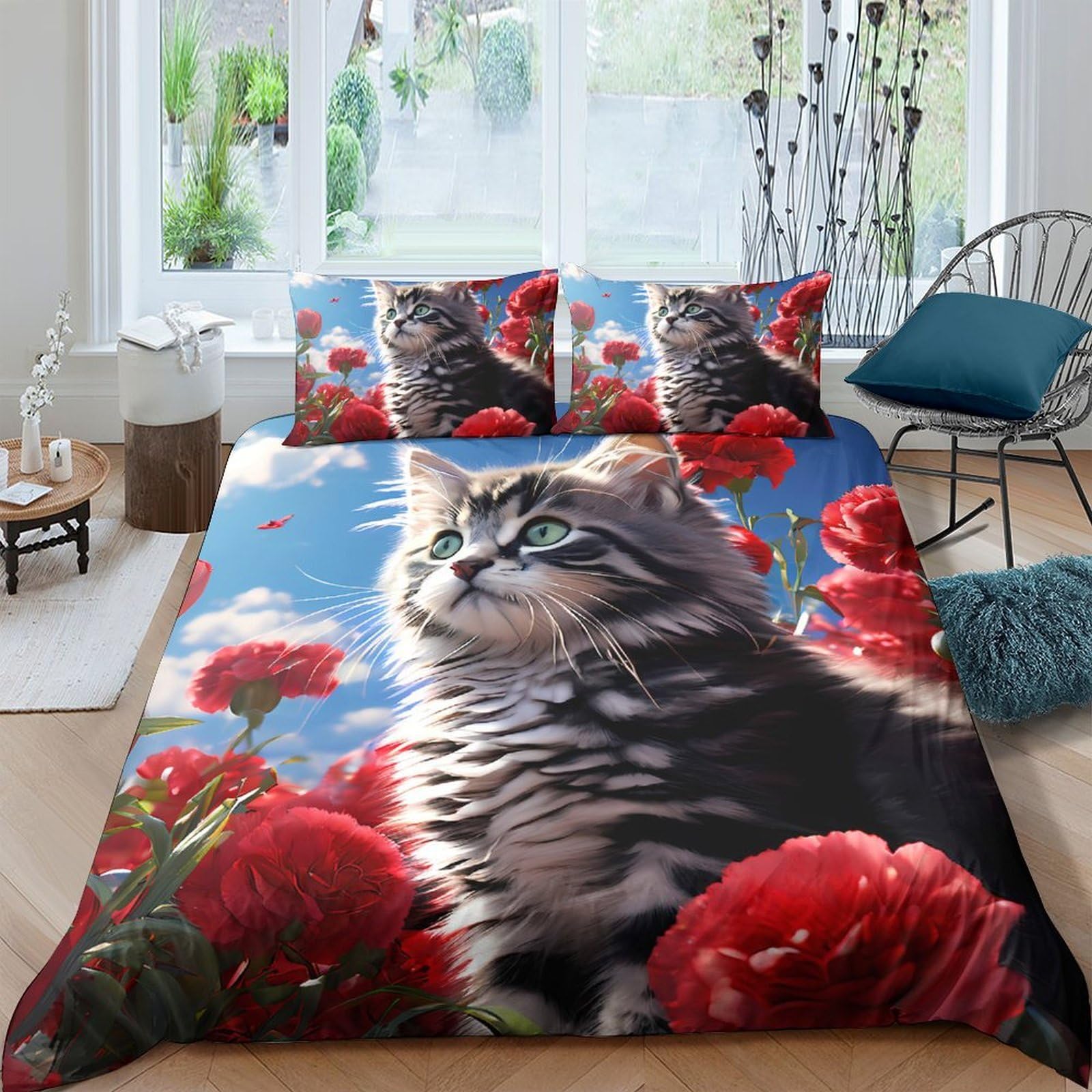 TUFRTGYHN 3D Printed Cat with Red Flowers Duvet Cover Microfiber Soft Breathable Bedding Set with 2 Pillowcases for Bedroom Decor Single（135x200cm）