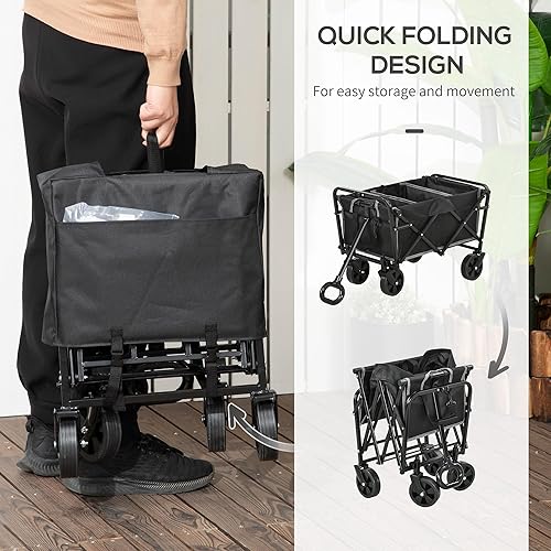Miniatura 4 de Outsunny Carro plegable con mango ajustable, carritos de jardín plegables resistentes con ruedas todo terreno, para playa, deportes, compras,