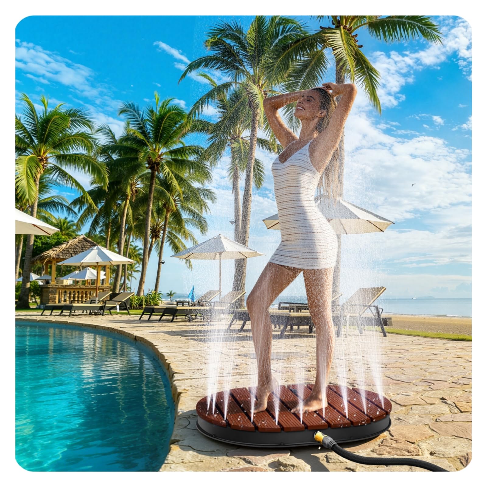 𝗠𝗼𝗻𝘂𝗰𝗲𝗽 Bodendusche Outdoor WPC, Gartendusche mit Duschplatte, Pooldusche mit 22 Messingdüsen, Wasserfontäne bis 4 m, Kalt-/Warmwasser über Y-Verteiler, 300 kg, mit Tragetasche