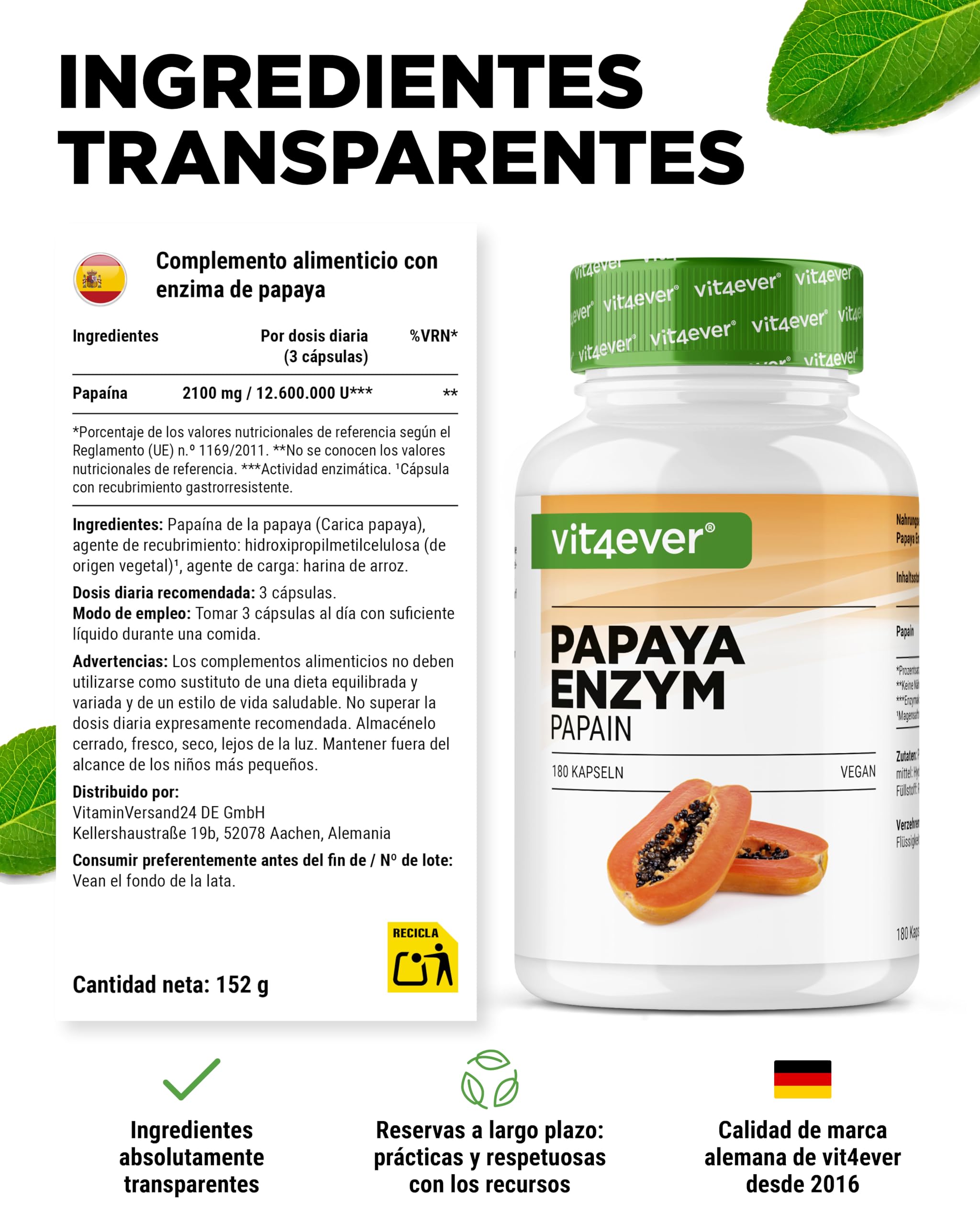vit4ever Enzima de Papaya de Alta Dosis - 2100 mg de Papaína de Papaya - 12.600.000 U de Actividad Enzimática - 180 Cápsulas Veganas Gastrorresistentes - Sin Aditivos Innecesarios