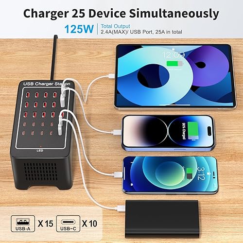 Miniatura 2 de Bloque de cargador USB  C, 125 W (25 A) 25 puertos (15 USB A y 10 puertos USB  C) múltiples estaciones de carga, cargador de pared de escritorio