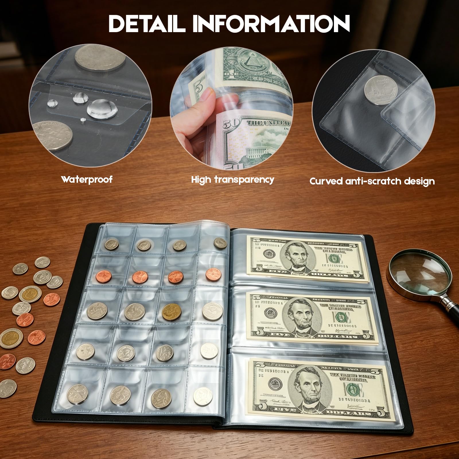 Münzsammelalbum für 100 Münzen (inkl. 2 Euro Stücke) & 15 Geldscheine – 10 Seiten starker Sammelordner für Münzen, Briefmarken & Medaillen – Ideal für Numismatiker, für Zuhause & unterwegs