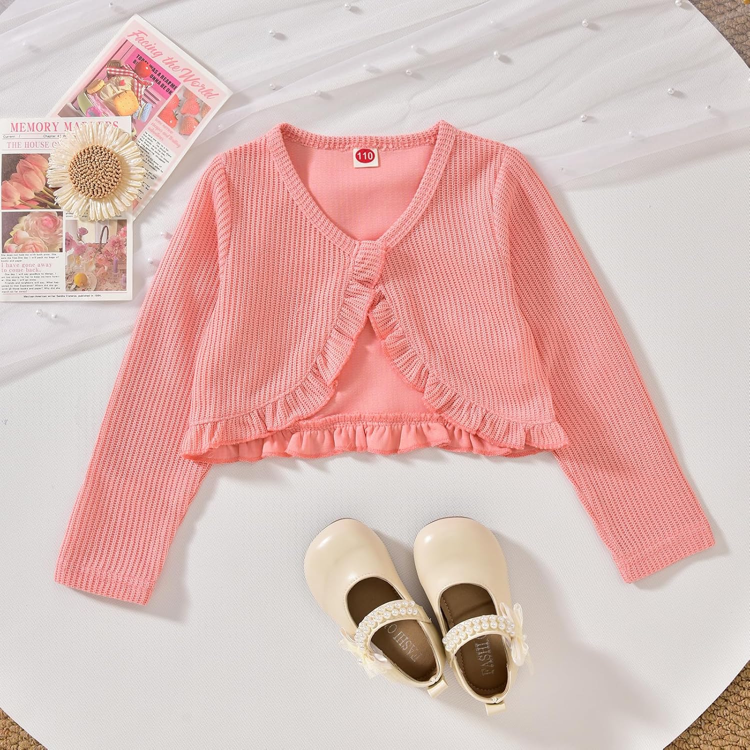 Toddler Girl Strap Smocked Tired Dress and Long Sleeve Ruffle Cardigan 2 Piece Outfits
