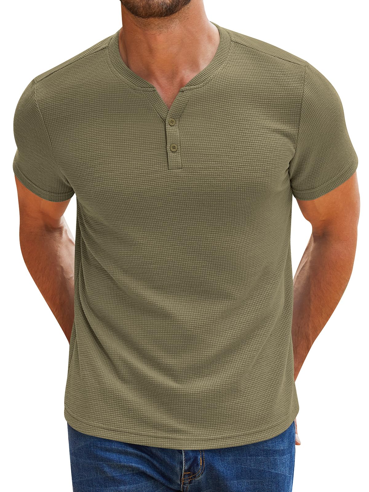 RQP Men's Henley Shirts Short Sleeve Waffle Stretch T Shirts Summer Casual Stylish Tops