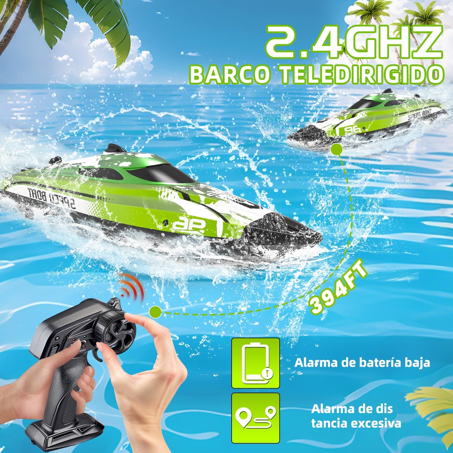 Barco teledirigido a partir de 6 8 años, 25 km/h, barco teledirigido con luz LED, 2,4 GHz ajustable, 2 baterías para 40 minutos de tiempo de reproducción, lancha rápida teledirigida para adultos y