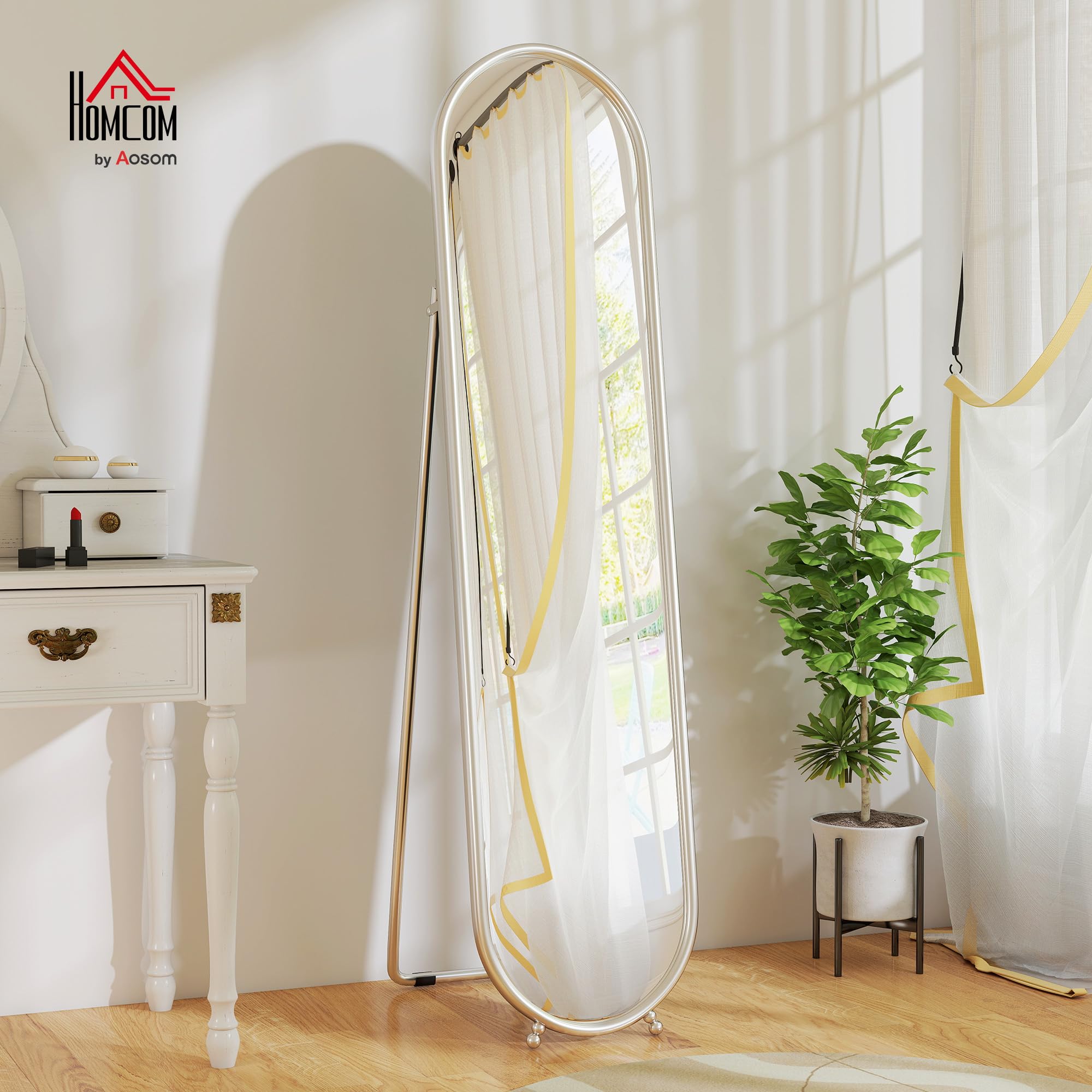 HOMCOM Specchio da Terra Ovale Moderno, 40x160 cm Specchio Autoportante a Figura Intera Antiscoppio con Cornice in Metallo e Supporto, per Camera da Letto, Soggiorno e Ingresso, Argento