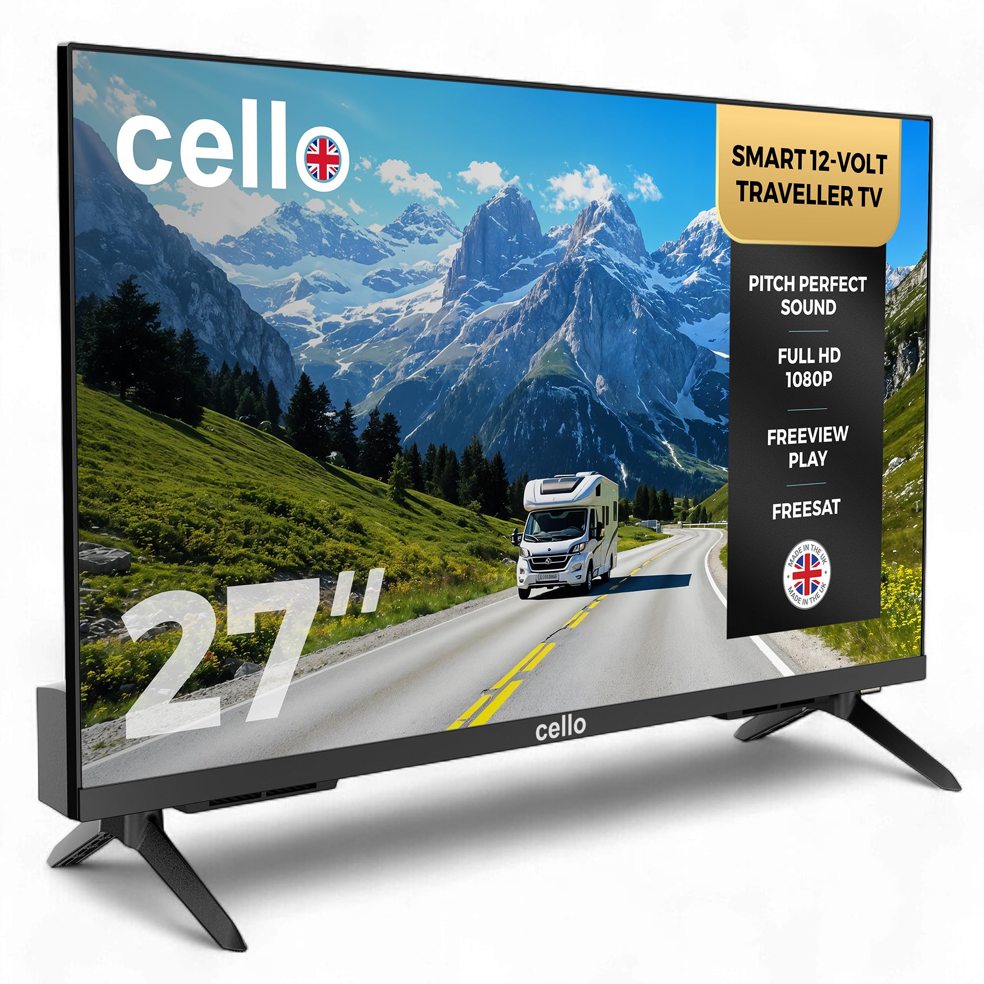 Cello C2725WS Trav 27 Zoll 12V Smart Traveller TV, 230V, WebOS, Freeview Play, Perfect Pitch Sound, ideal für Wohnwagen und Wohnmobile, hergestellt in Großbritannien