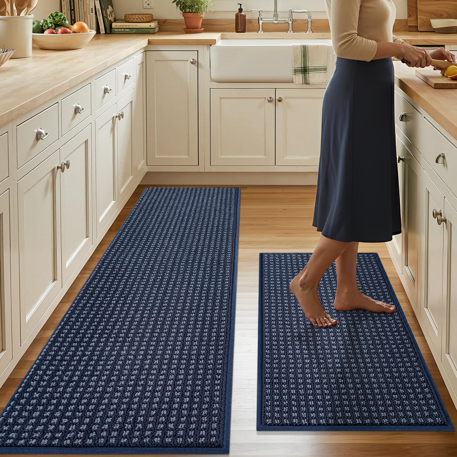 Biscpro Buffalo Plaid Kitchen Rugs Set,Non Slip Kitchen Mats for Floor-Thick Stain Resistant Kitchen Floor Mat Runner Carpet for Hallways Entryway Laundry Washable(43x75+43x150cm,Blue)-Rolled Package