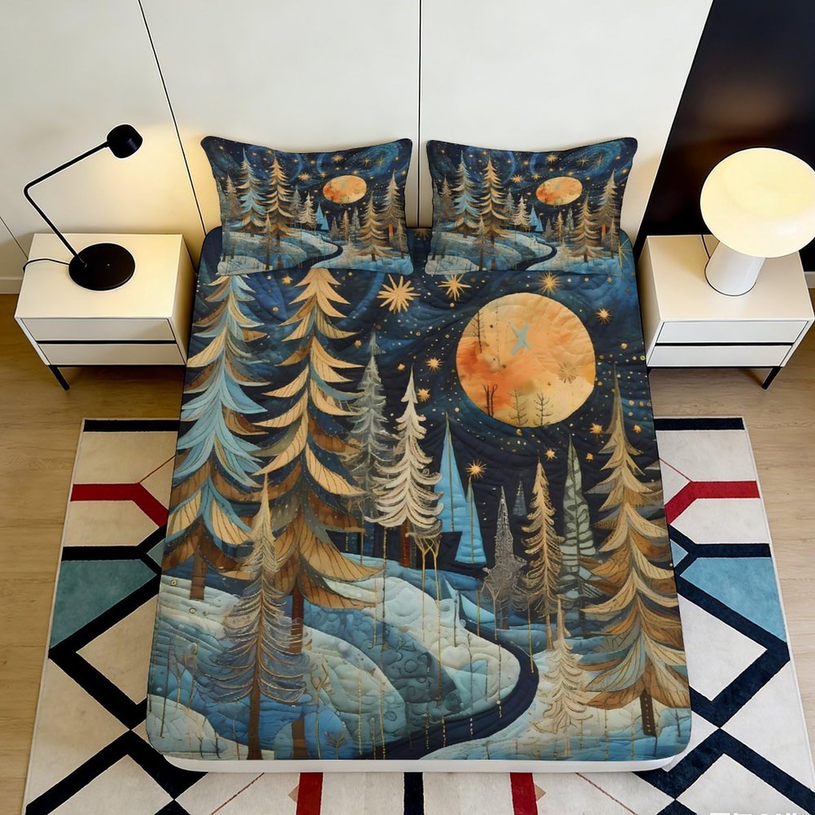 3D Printed Moon Forest Fitted Sheet Microfiber Soft Earthy Night Sky Bed Cover for Bedroom Guestroom Dorm Decor 90x200x25cm