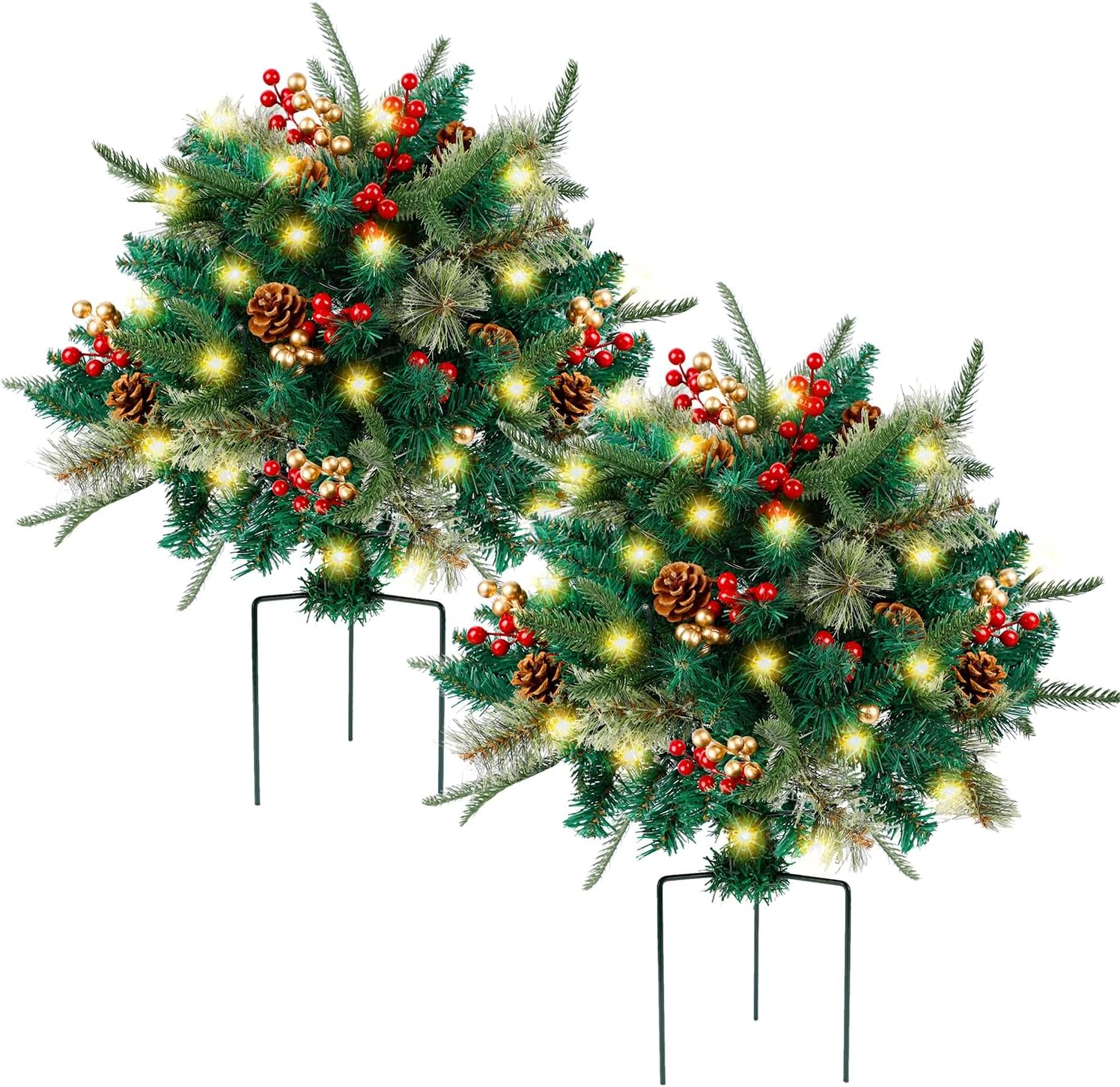 Glintoper Lighted Artificial Christmas Urn Filler, Pre-lit Xmas Pine Trees with Cones, Golden & Red Berries, Tripod Stake and 60 LED Lights, Outdoor Light Up Planter Filler Holiday Home Decor, 2 Pack Color a 2