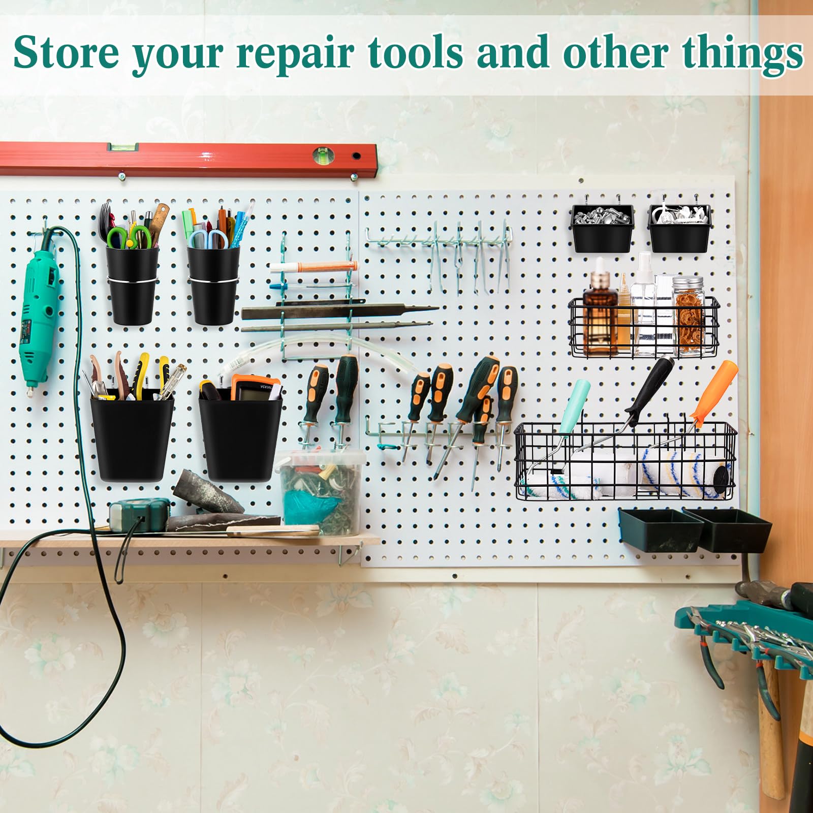 4 Pcs Metal Pegboard Baskets Bins Set Multiple Size Black Metal Wire Shelves Hooks To Pegboard For Storage Organize Tools, Workbench, Accessories, Garage Wall Mount Organizer Attachments - View #5