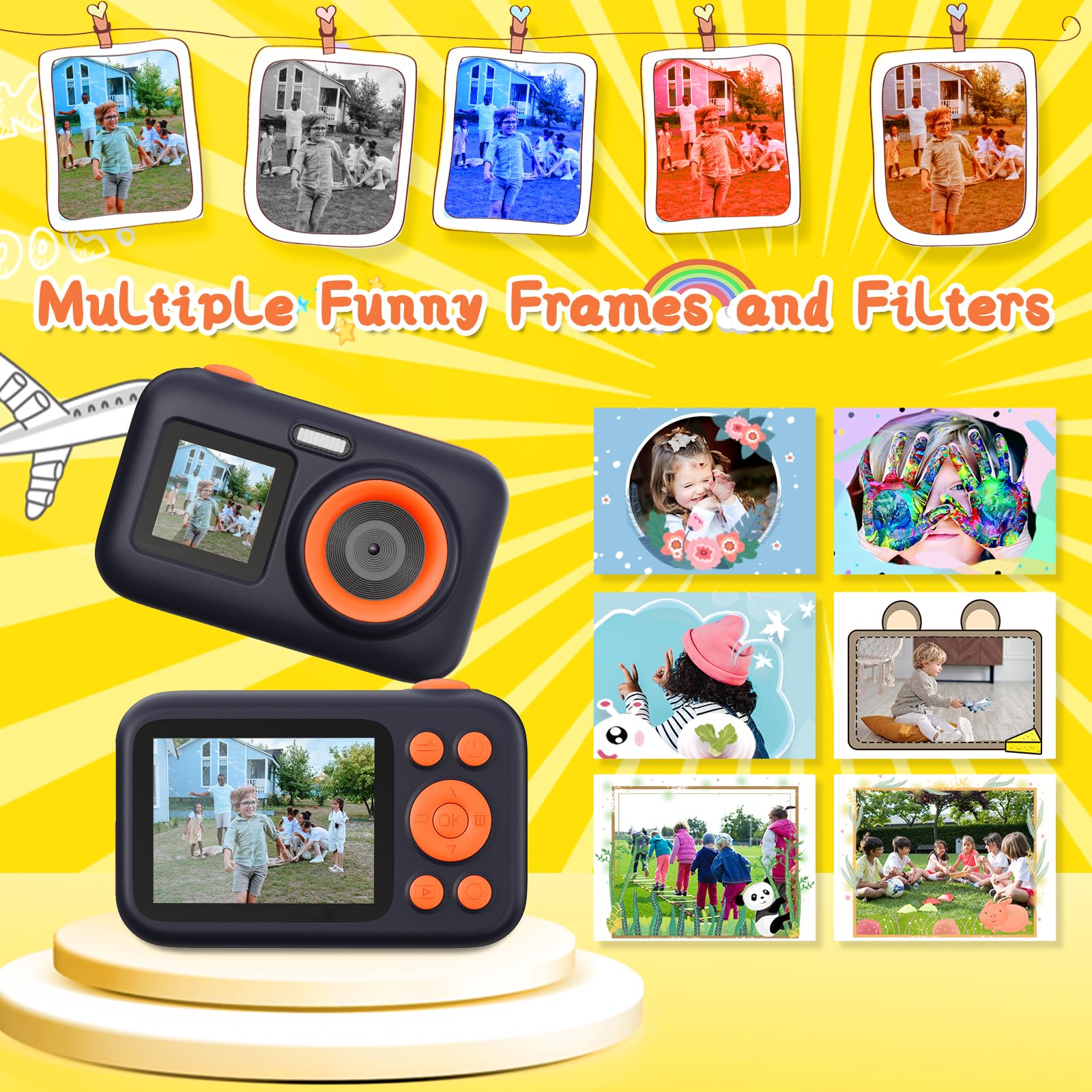 SJCAM macchina fotografica bambini,1080P 2.4'' 1.3'' doppio colore schermo LED Bambini fotocamera digitale Vedio Compleanno Regali di vacanza con 32G Card, adesivo per età 3-10 anni ragazze ragazzi