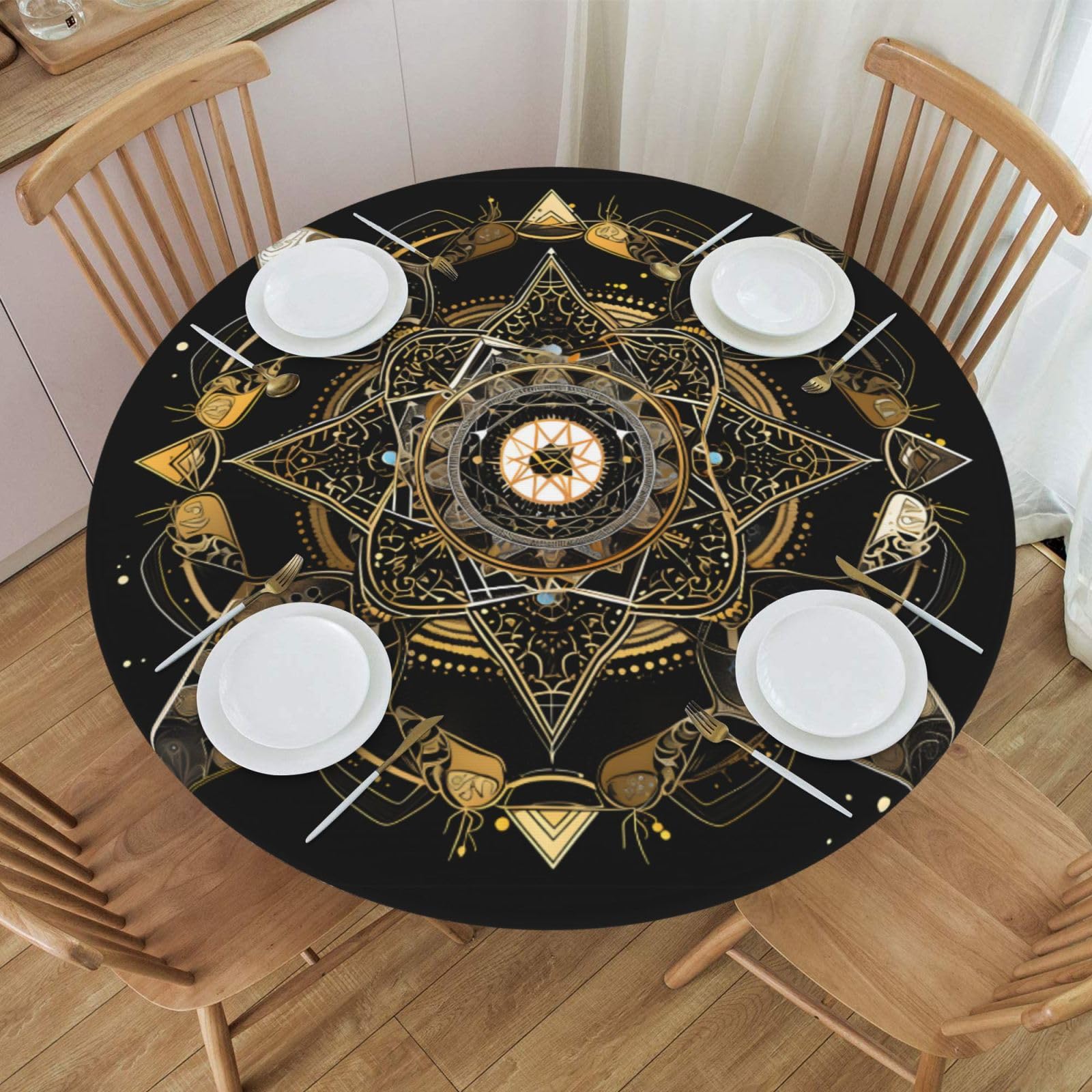 Mexpekil Round Fitted Table Cover with Elastic Edged Boho Magic Wipe Clean Tablecloth Waterproof Table Protector for Outdoor S fits 40-44 Inch Round Table