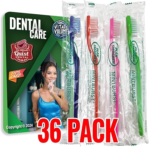 Mintburst - Cepillos de dientes prepegados individualmente (paquete de 36) y tarjeta de puntas dentales Quist Vital Volumes