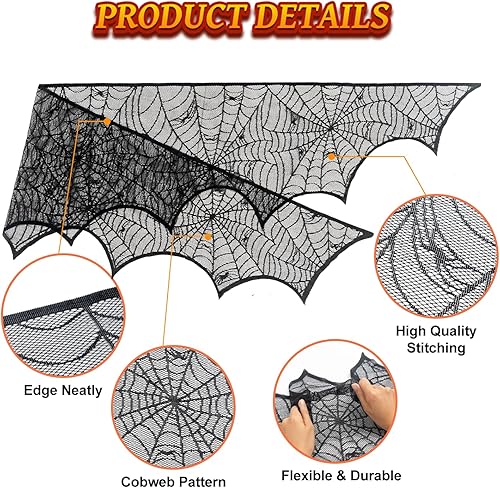 Miniatura 5 de Cubierta de bufanda para chimenea de Halloween, tela de araña de encaje negro, mantel de telaraña, mantel superior, bufanda, cortina de ventana,