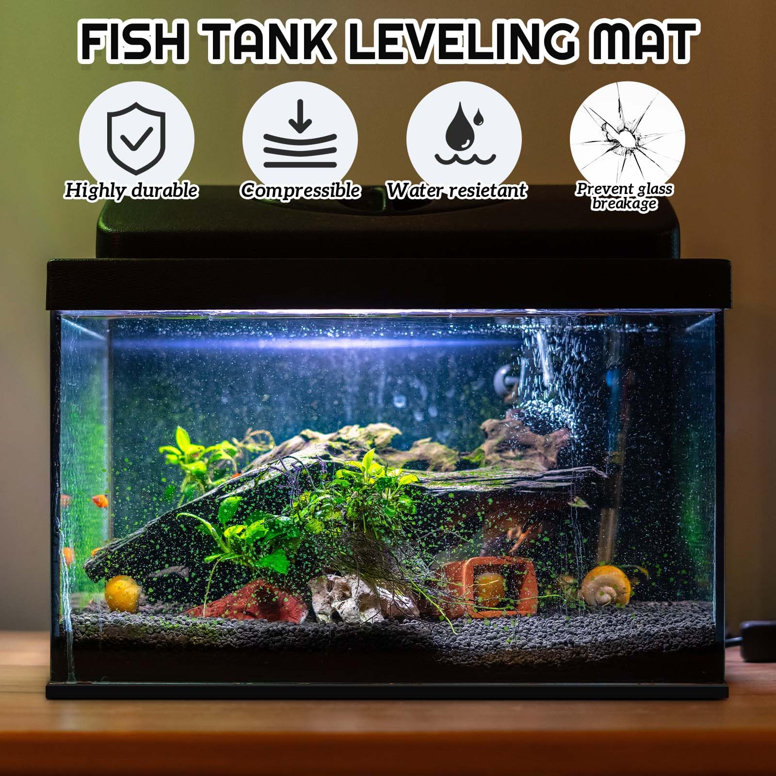 Pangda Lot de 2 tapis auto-nivelants en mousse néoprène compressibles pour poissons d'aquarium avec dos adhésif, imperméable, facile à couper, stabilité, noir (61 x 61 cm)