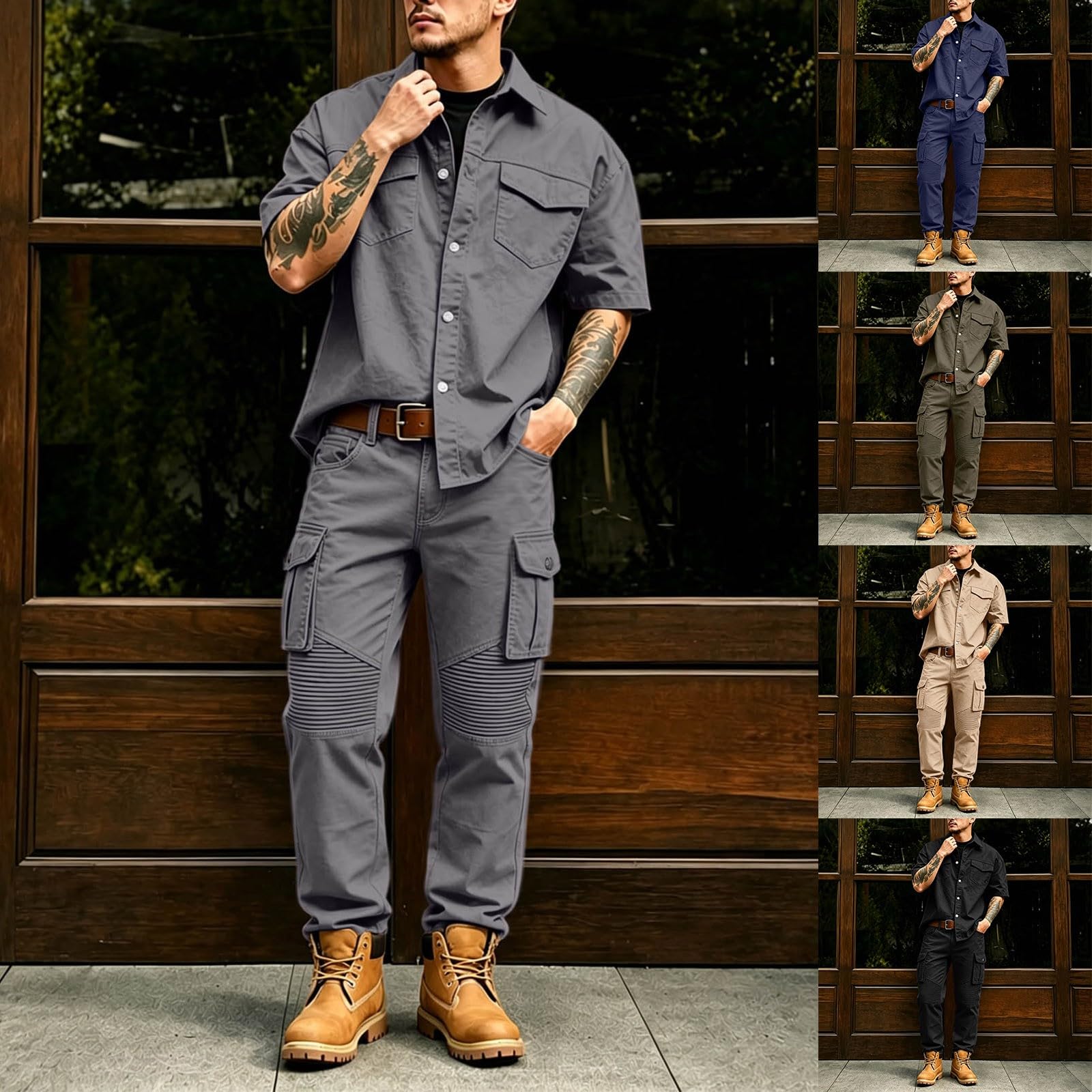 Traje de ocio para hombre Chándal holgado de 2 piezas, camisa de manga corta y pantalones cargo de patchwork, chándal cómodo, traje de fitness informal, traje deportivo para correr