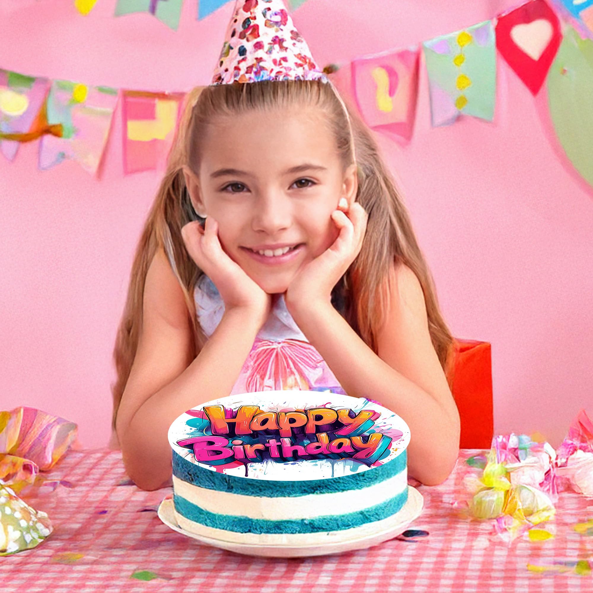 J&M DECO Opłatek na tort Happy Birthday Ø20 cm – jadalna dekoracja urodzinowa z napisem – topper urodzinowy dla dzieci i dorosłych – bezglutenowy i wegański