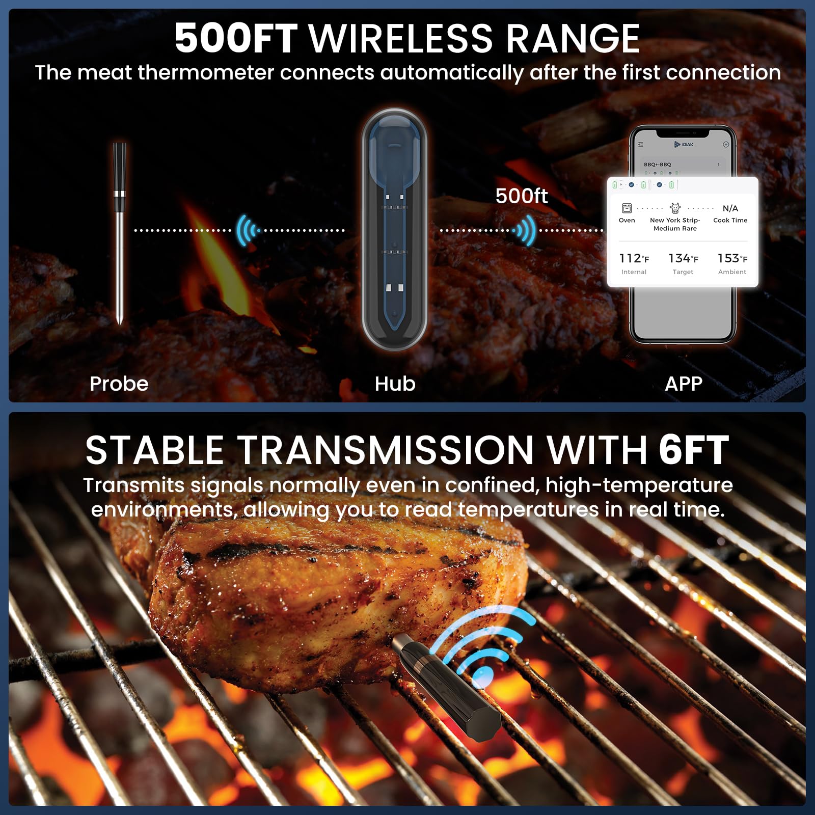 Termómetro inalámbrico para carne para asar y ahumar, 500 pies, sensor de carne, termómetro inteligente para barbacoa, horno, barbacoa, ahumador, sous vide, color azul