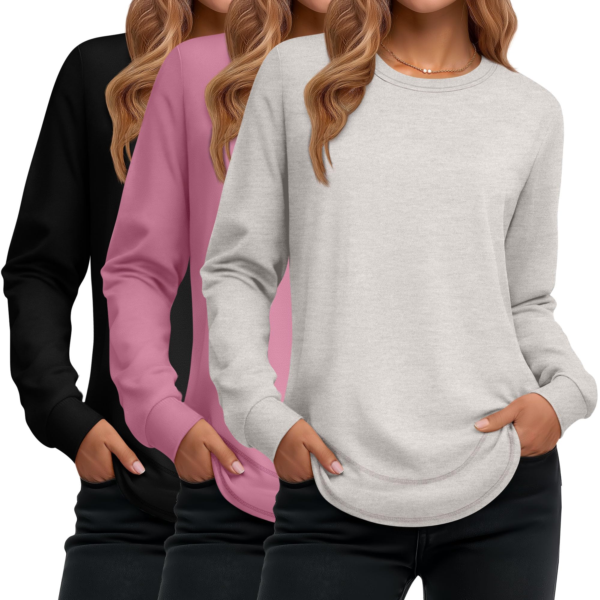 Ficerd 3 Pack Women's Long Sleeve Shirts, Cotton Crew Neck Tunic Tops Casual Loose Fit Pullover Sweatshirts Curved Hem Shirts