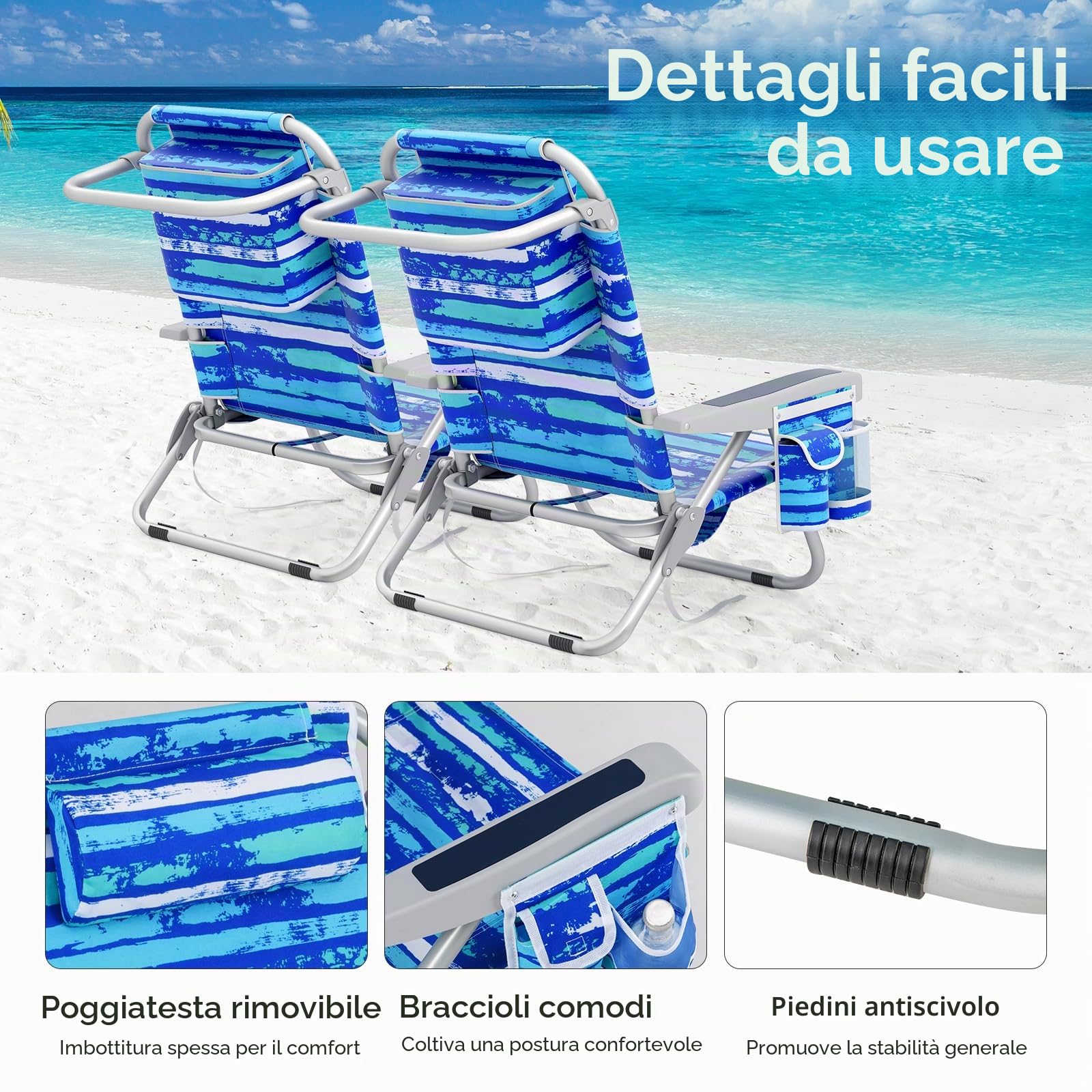 KOMFOTTEU Sedia da Spiaggia con Poggiatesta e Tasca Laterale，Strisce Blu：1 | Spiaggina Pieghevole con Schienale Regolabile in 5 Posizioni, Carico 150 kg, Lettino Prendisole da Mare, Campeggio, Pesca