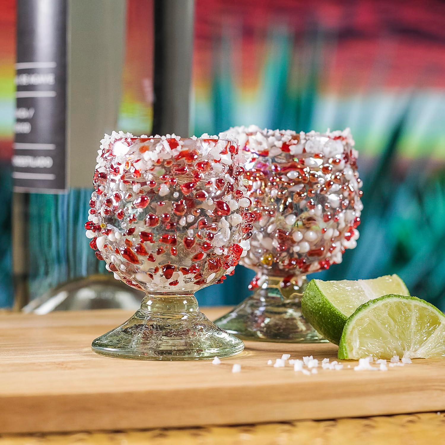 Authentic Mexican Tequila Shot Glasses (Set of 4) - Hand Blown 2oz Mini Snifters - Festive Red & White Stone Blend, Heavy Base
